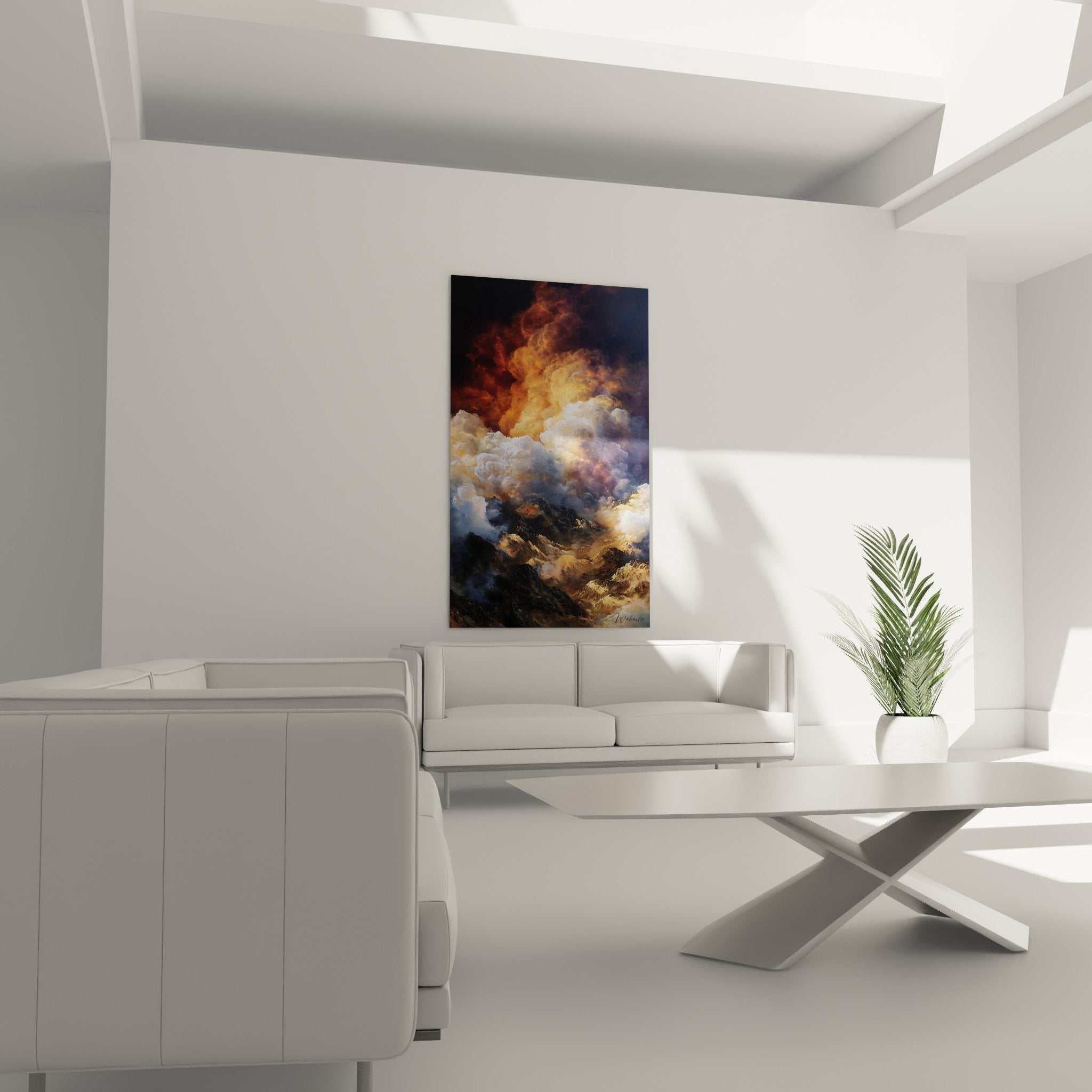 Detail golden orange clouds painting with textured brushstrokes mountainous reliefs feng shui south fire element