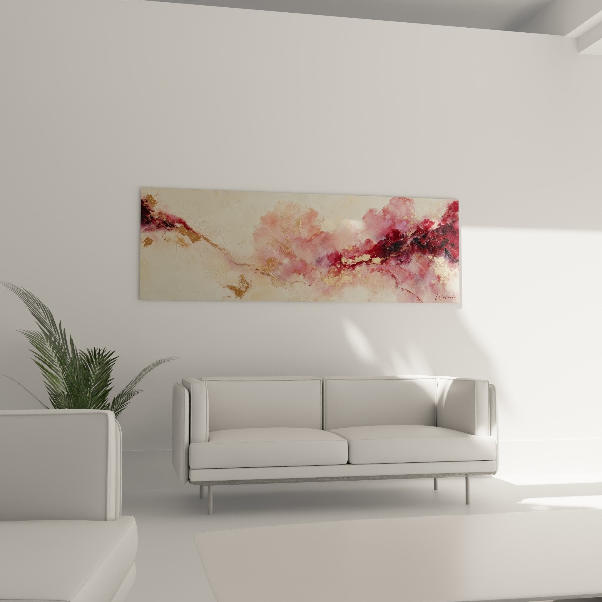 Détail des nuances roses bordeaux et veines dorées du tableau abstrait feng shui sud-ouest terre