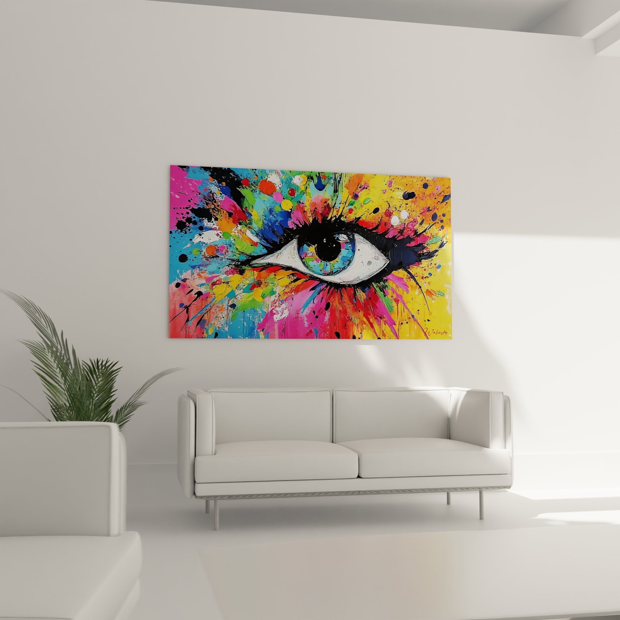 Gros plan détail œil multicolore tableau abstrait éclaboussures peinture colorée