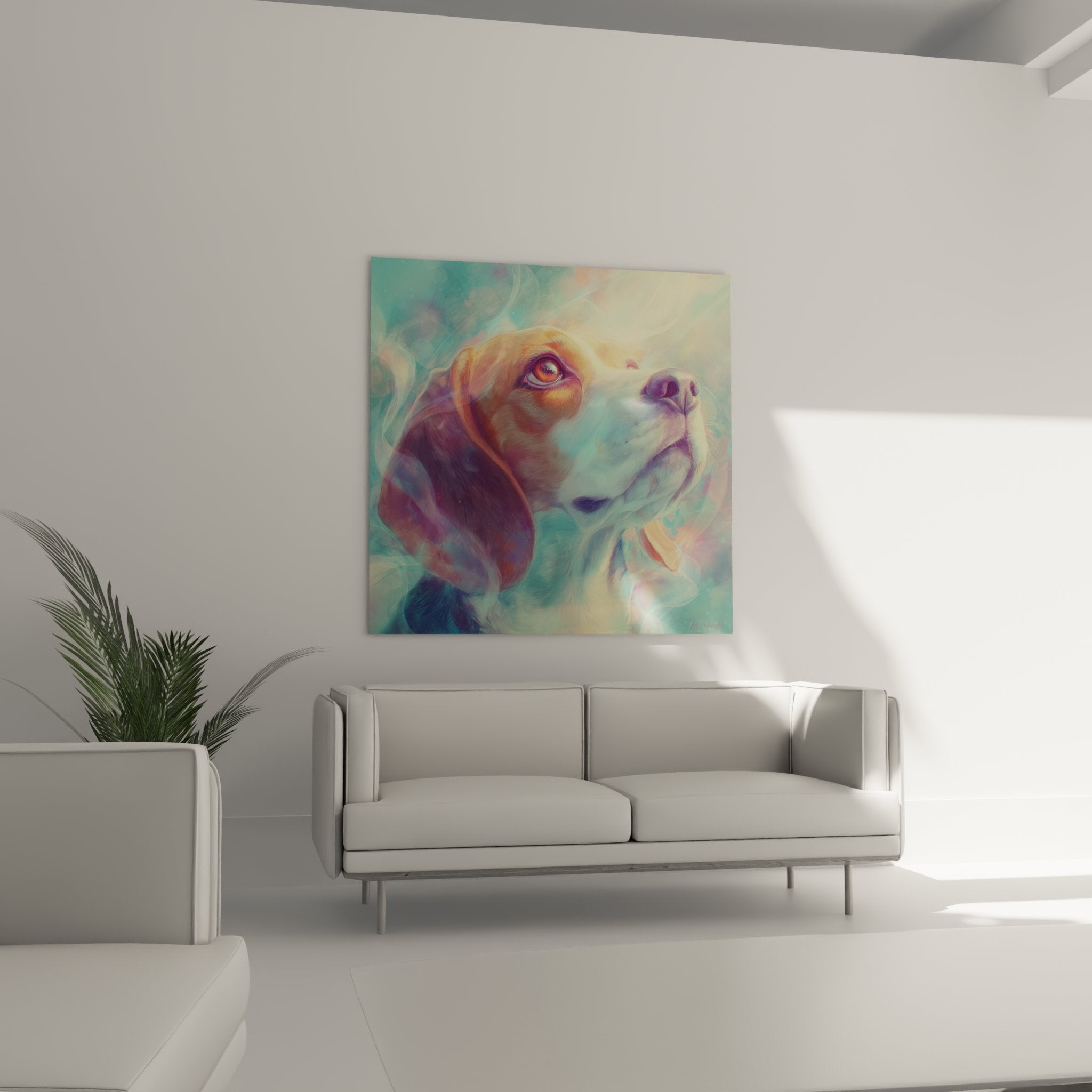 Detail des ausdrucksvollen Blicks des Beagles mit goldenen Reflexen in digitalom Porträt in Irisiertönen