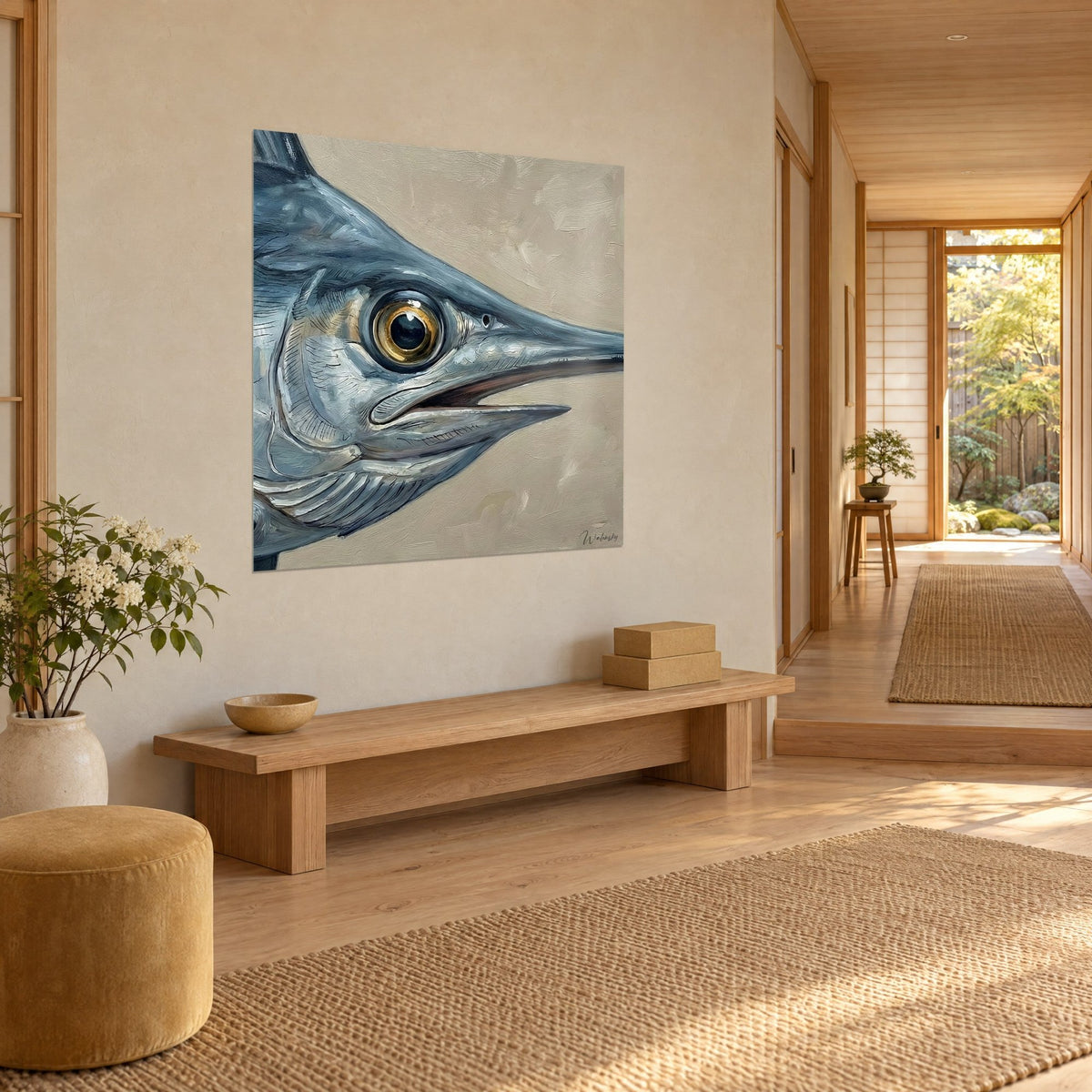Gemälde Schwertfisch im Profil, goldumrandetes Auge, graublaue Schuppen und cremefarbene Wand, japandi Flur in Dreiviertelansicht
