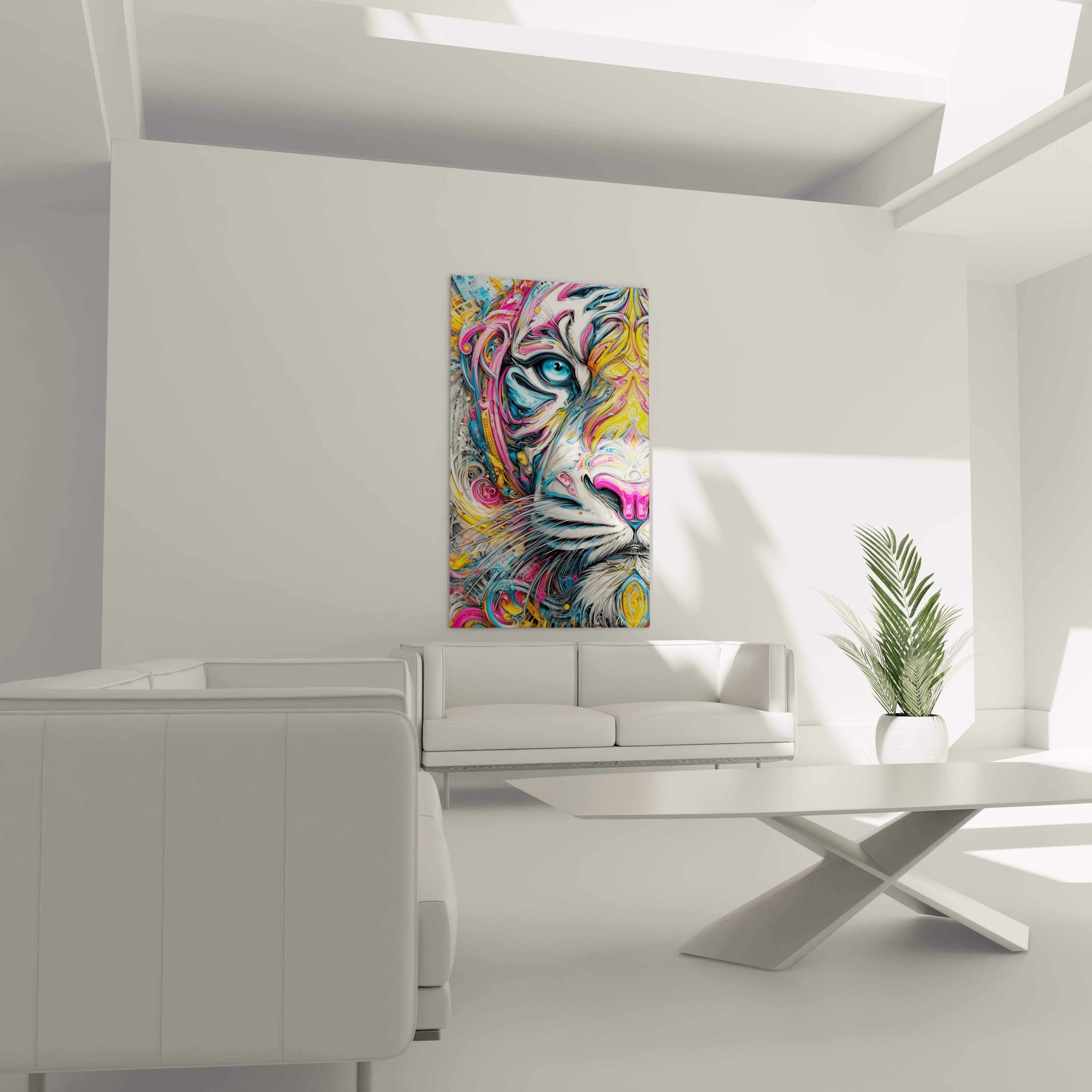 Détail œil bleu lion abstrait peinture psychédélique couleurs vibrantes art mural contemporain gros plan