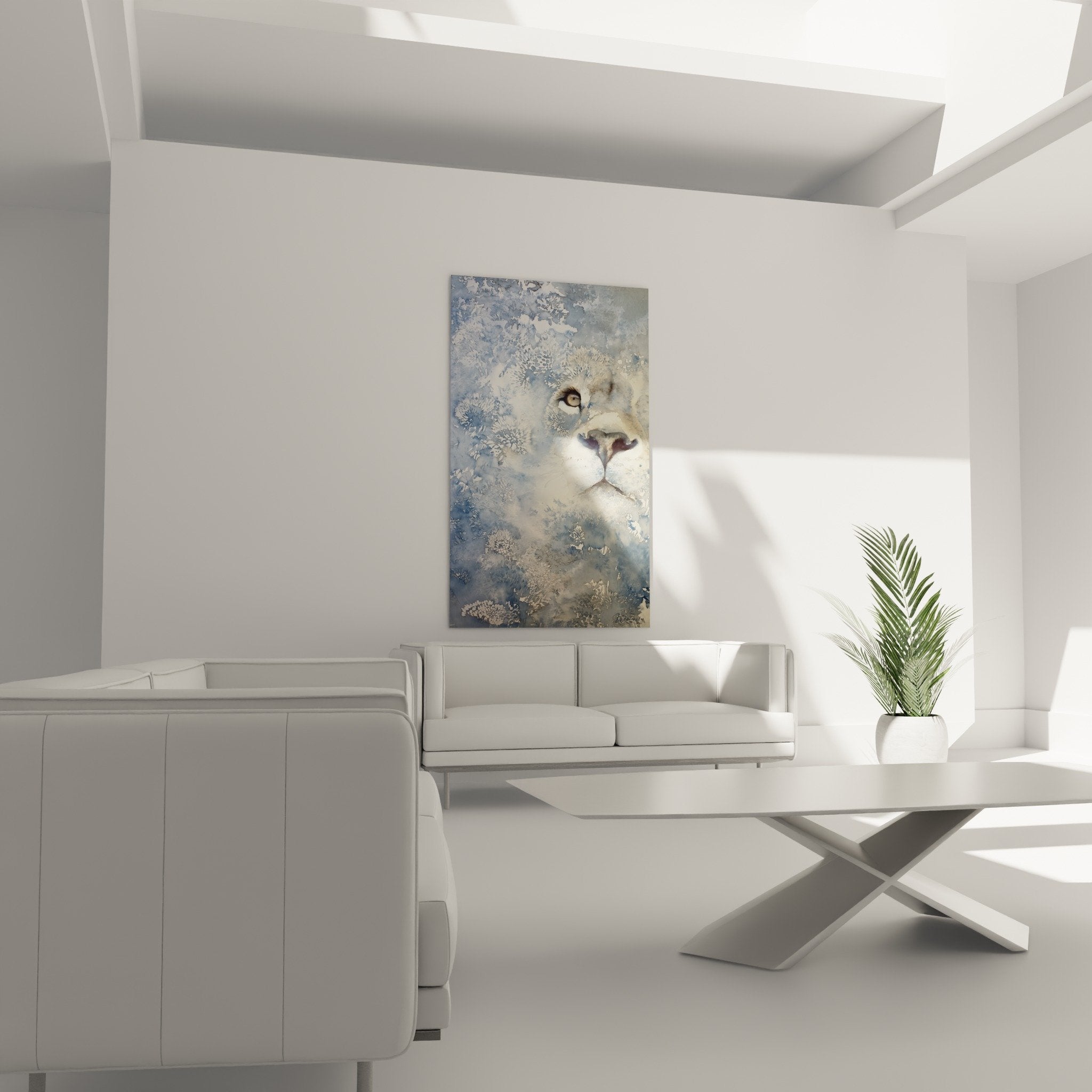 Detail rapproche oeil ambre lion textures florales blanches relief nuances bleues dorees