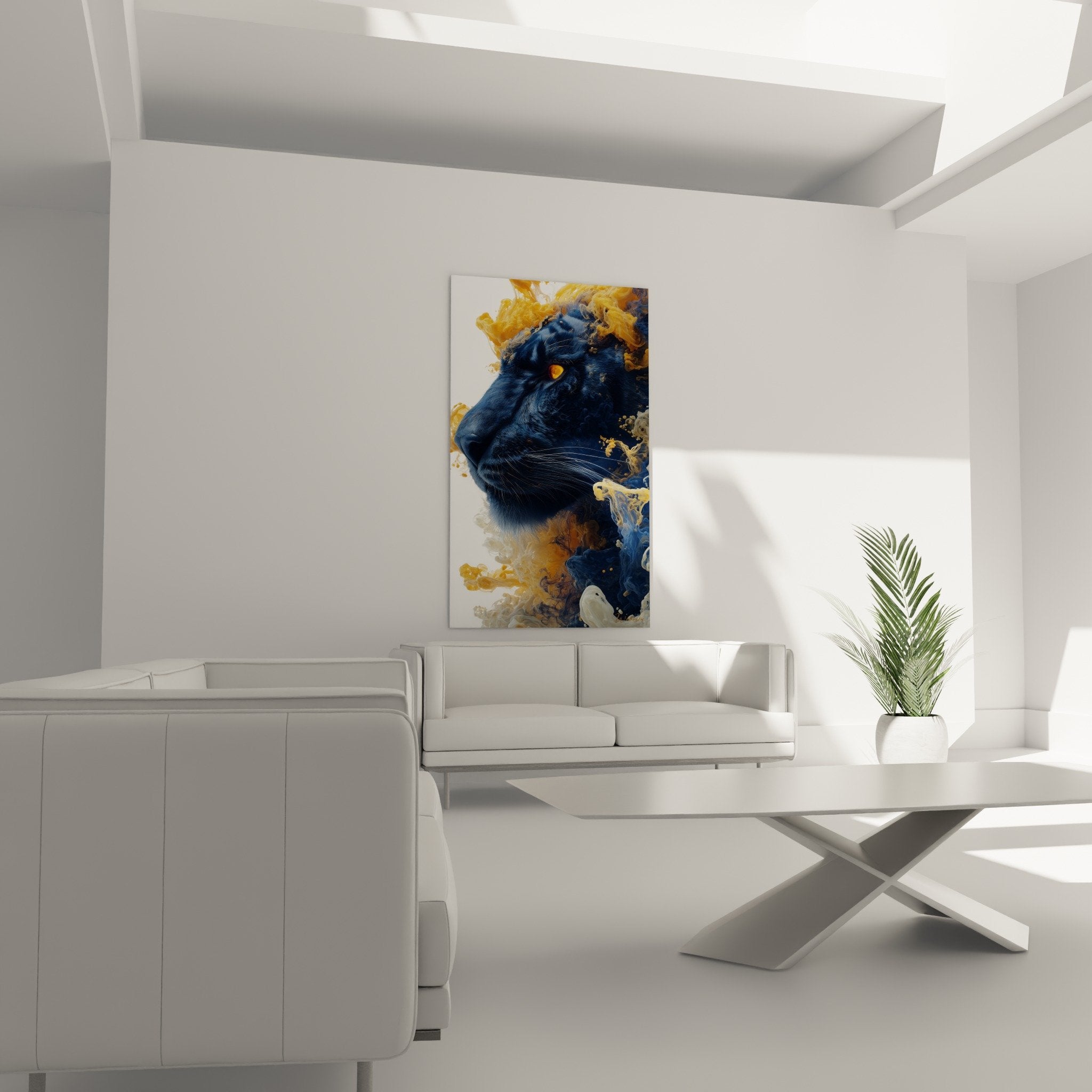 Détail rapproché du tigre bleu montrant l'œil doré perçant et les nuances cuivrées des volutes