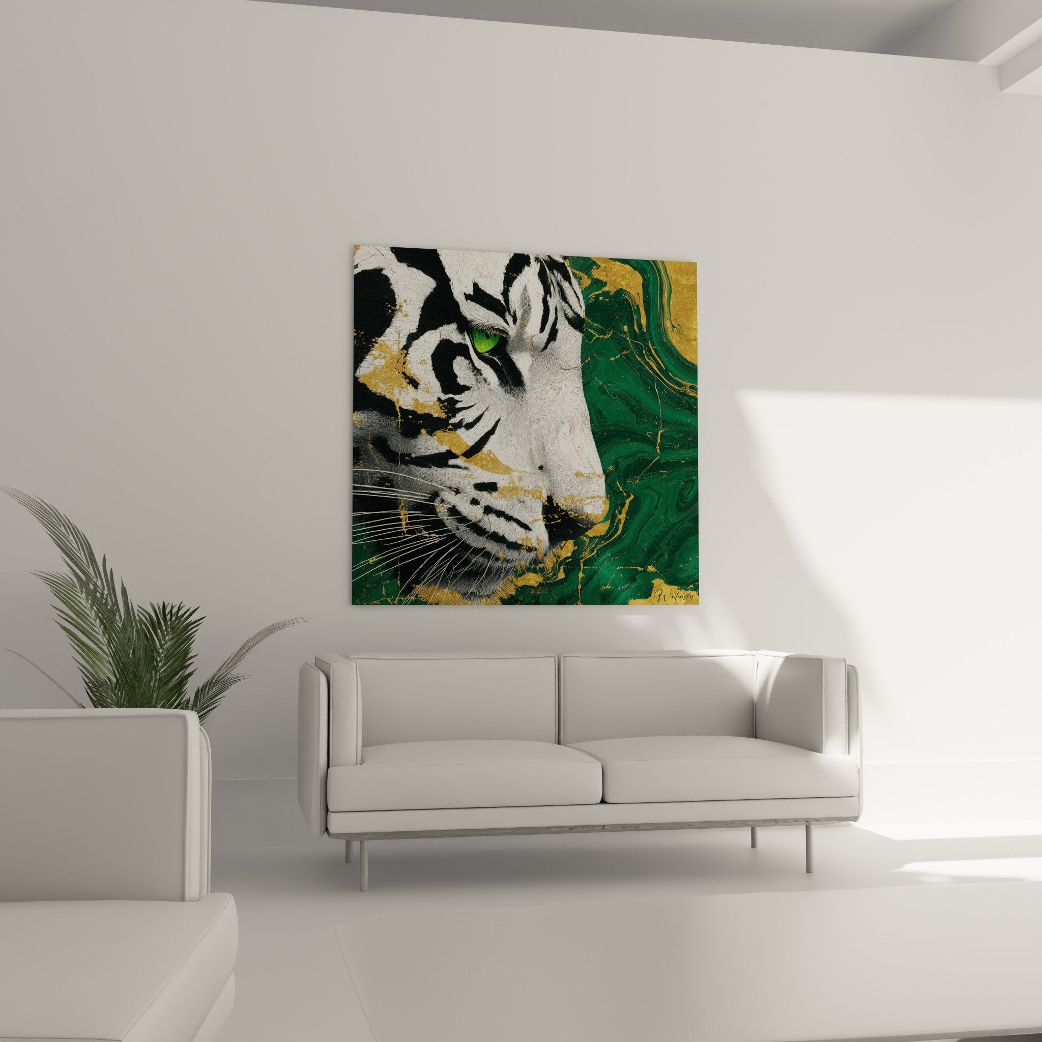 Gros plan oeil vert intense tigre blanc avec details dorures emeraude art contemporain