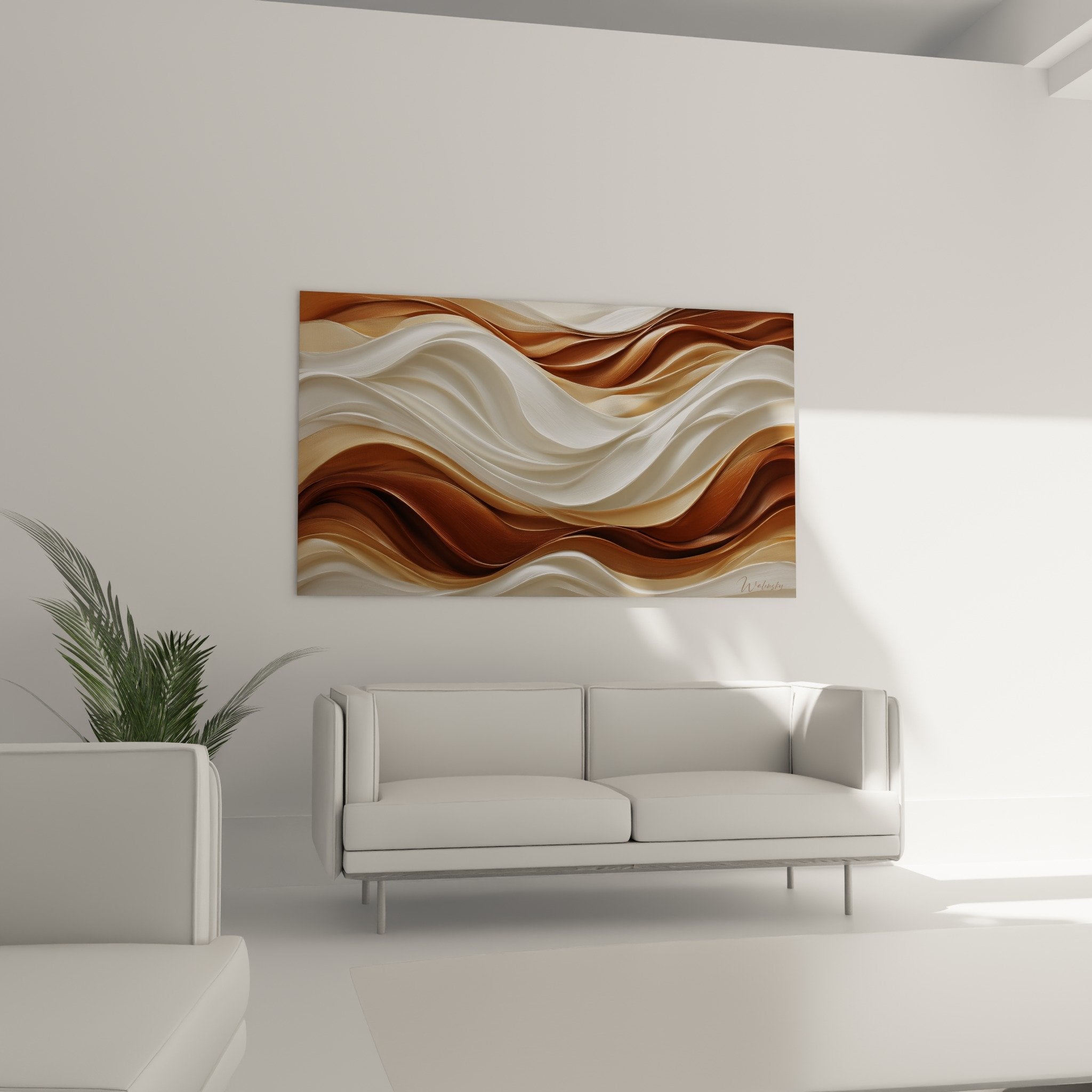 Nahaufnahme der kupferbeigen Wellen, fließende Textur mit goldenen Reflexen, Feng-Shui-Gemälde Erdmitte