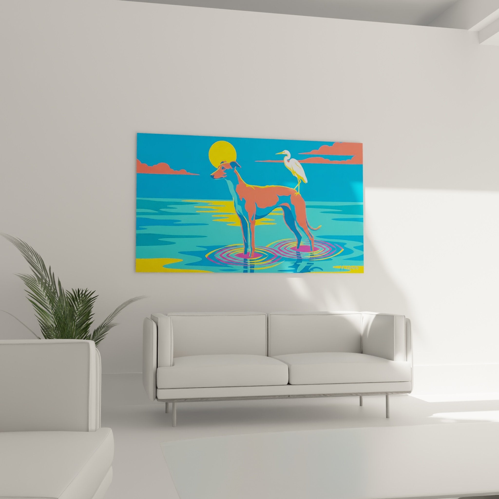 Detail ondulations multicolores sous pattes levrier greyhound effet pop art aquatique vibrant