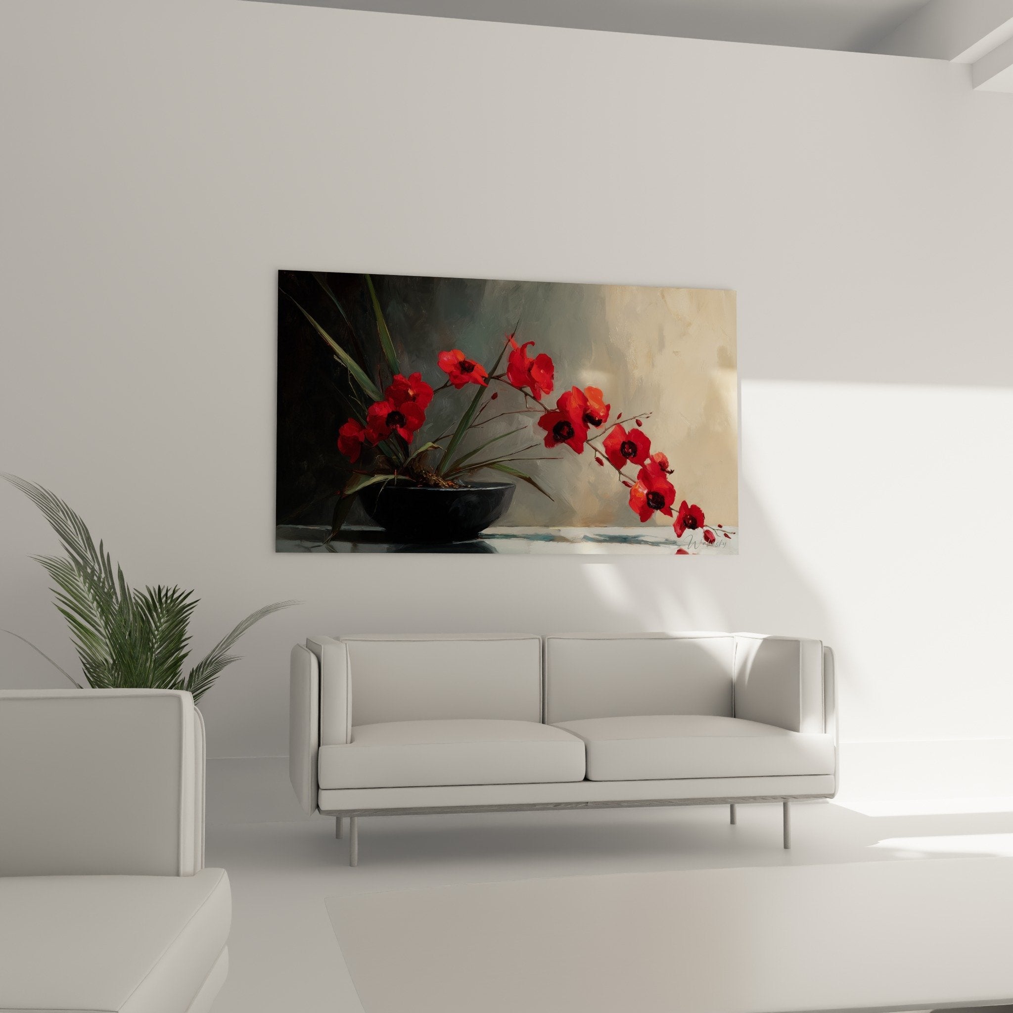 Bright red orchids deep purple heart vivid petals striking artistic ikebana floral arrangement detail