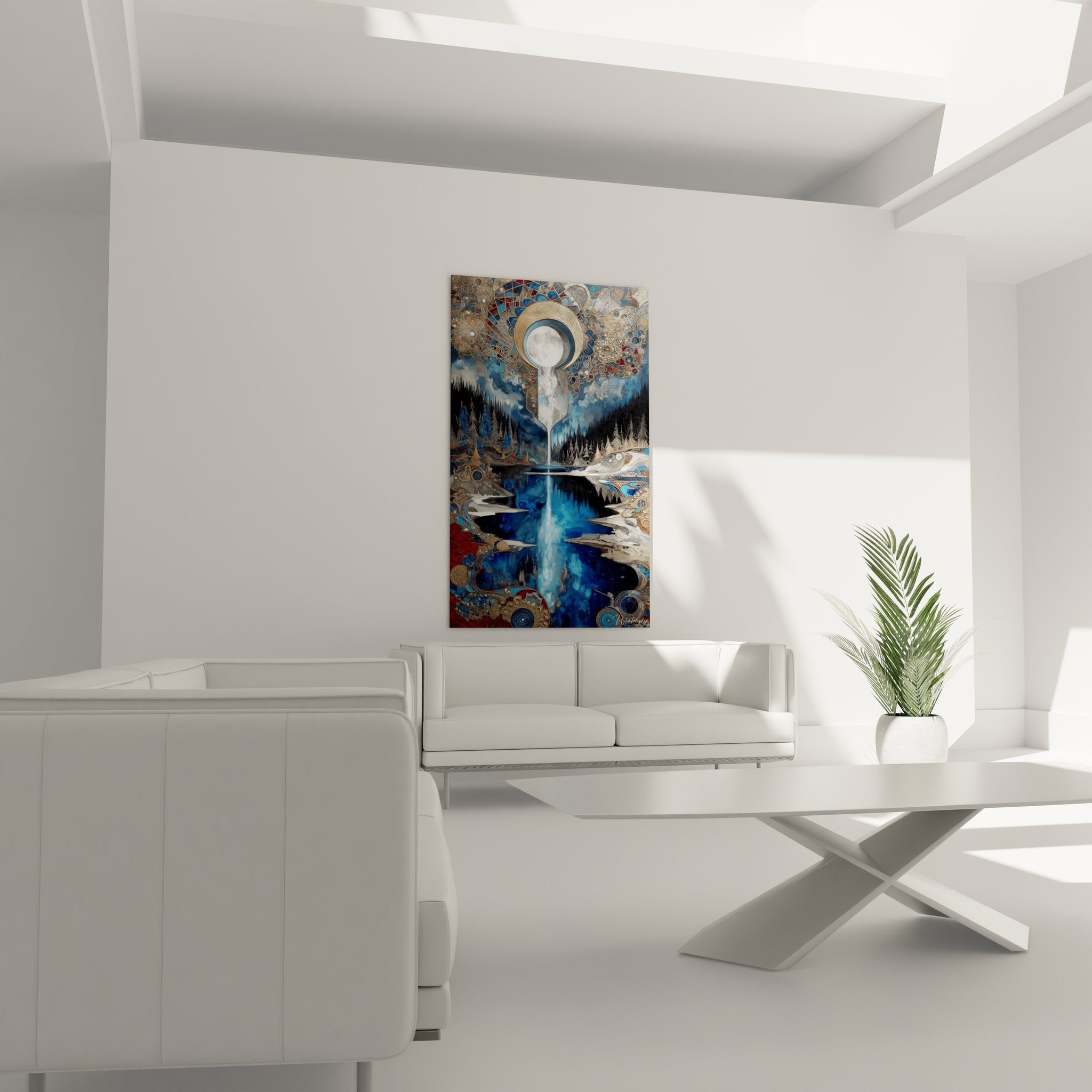 Gros plan détails ornements dorés et cascade lumineuse tableau art mystique