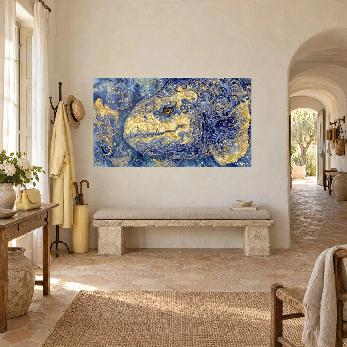 Cuadro de Dunkleosteus con ojo ámbar y dientes afilados, filigranas en oro e índigo, pared encalada de una masía provenzal