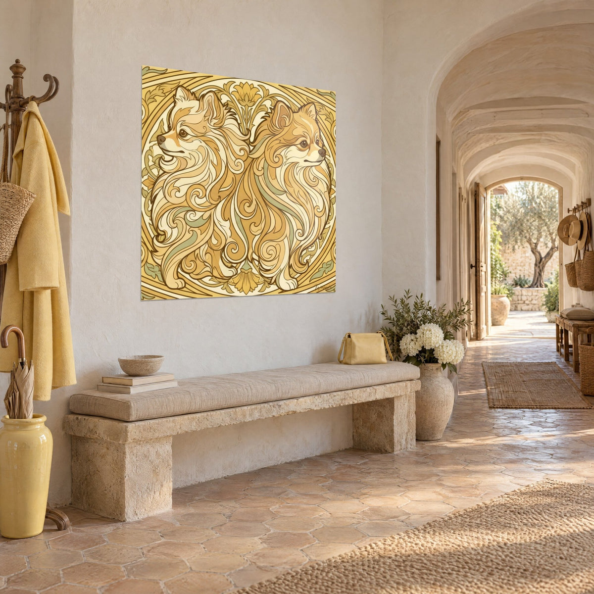 Quadro cani pomerania uno di fronte all'altro con riccioli dorati e fiori stilizzati, crema e giallo miele, corridoio a volta del masseria