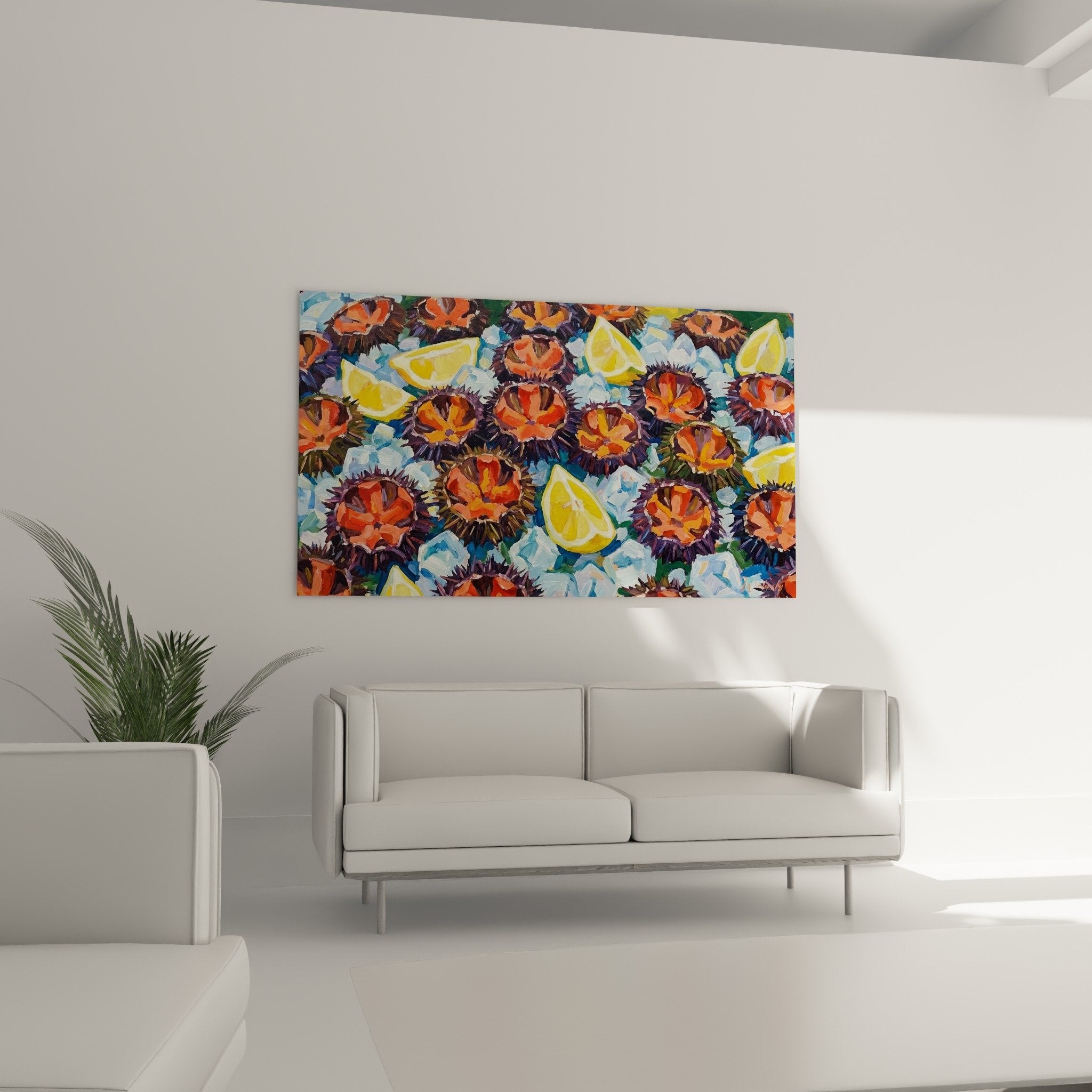 Detail orangefarbene Seeigel violette Stacheln Zitronengelb expressionistische Malerei