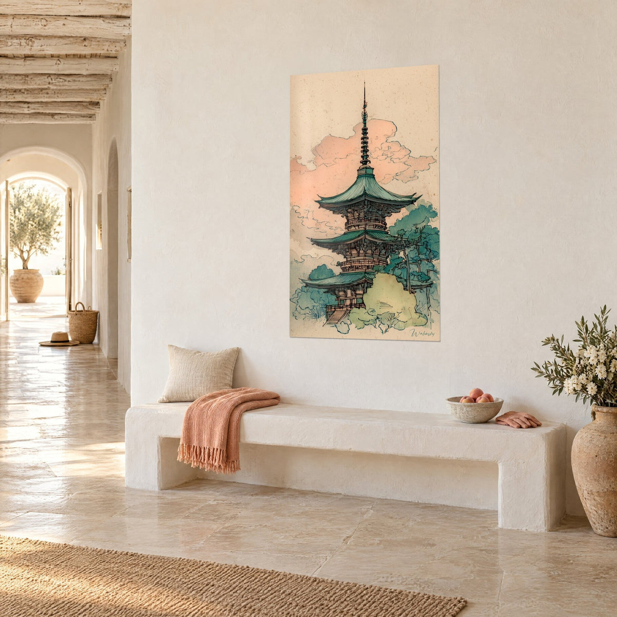 Tableau tour orientale en bois sous nuages pastel, feuillages bleu-vert et beige, sur un mur blanc de couloir voûté