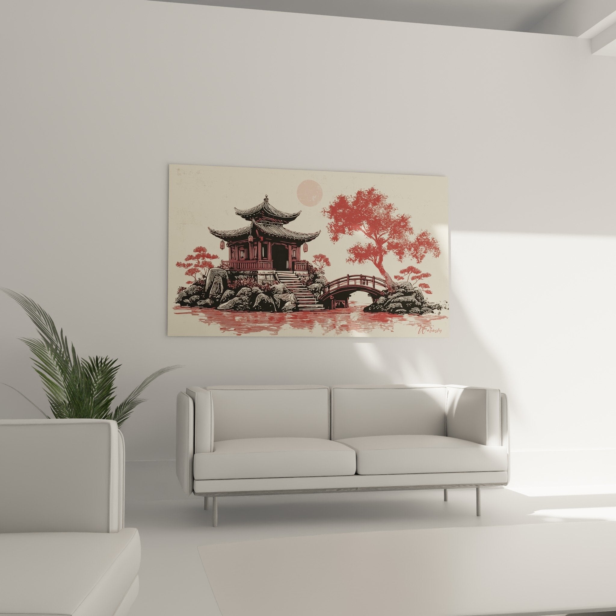 detail rapproche tableau pagode architecture asiatique tons rouge bordeaux noir vegetation luxuriante