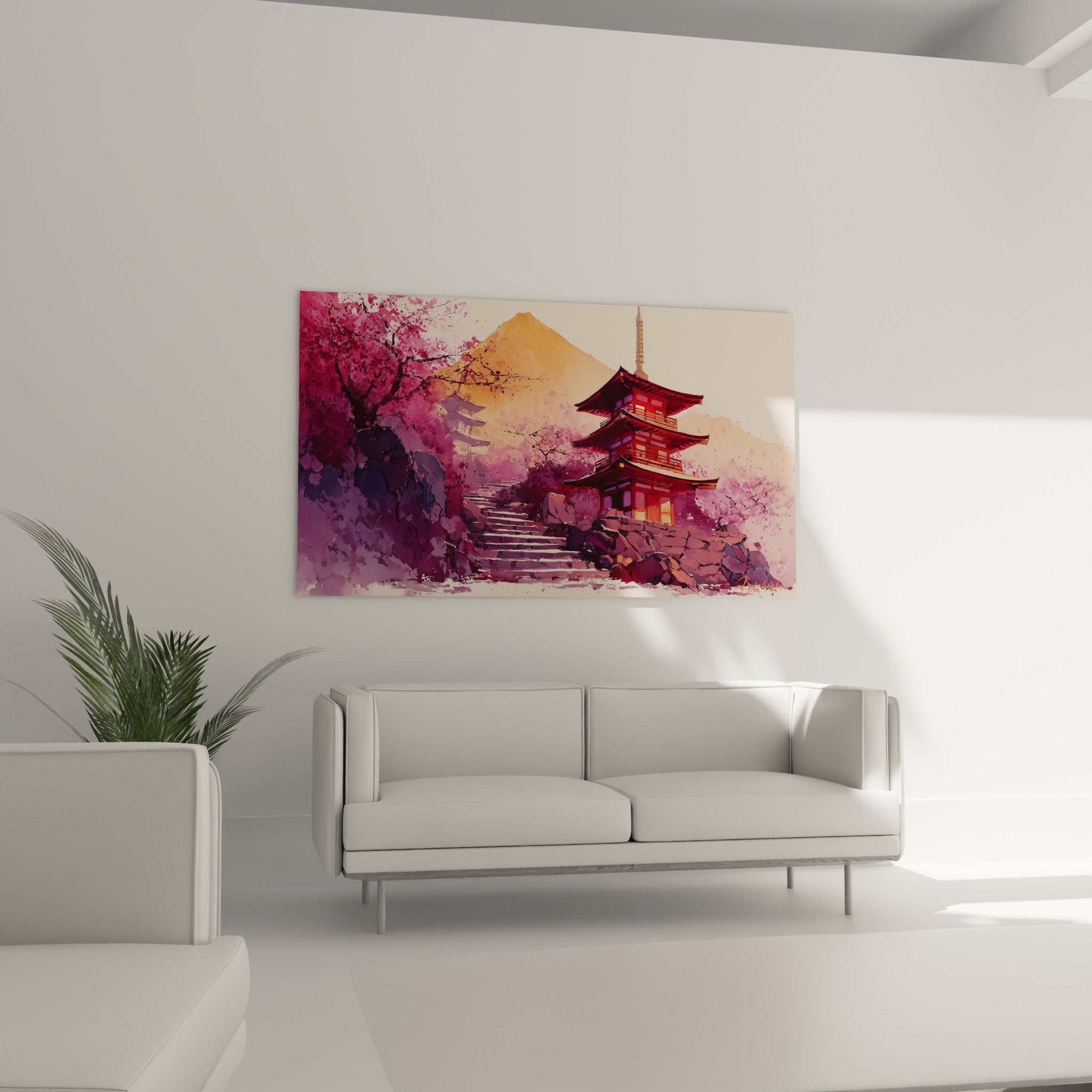 Red vermillion pagoda architecture detail cherry blossoms sakura roses artistic painting