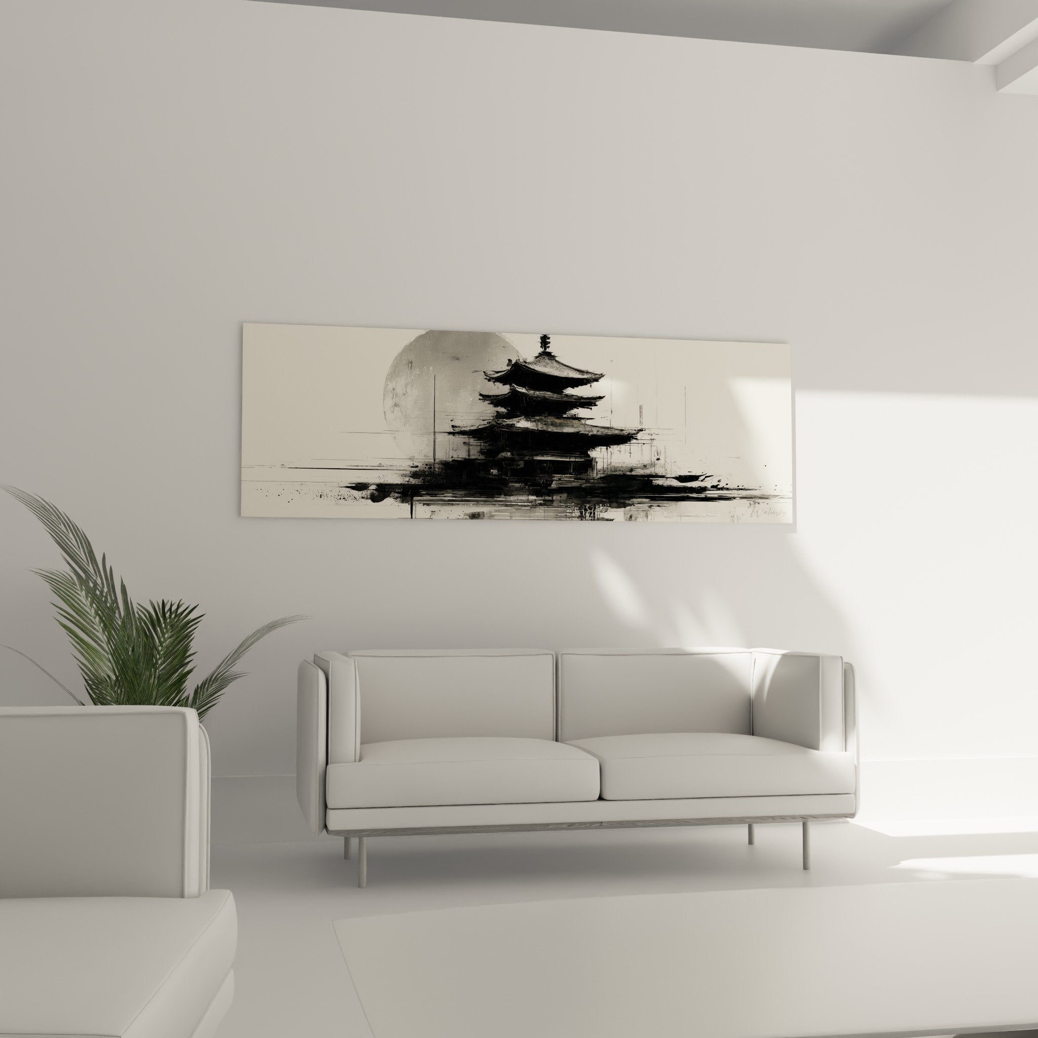 Détail rapproché pagode encre de chine coulures artistiques noir gris blanc technique traditionnelle