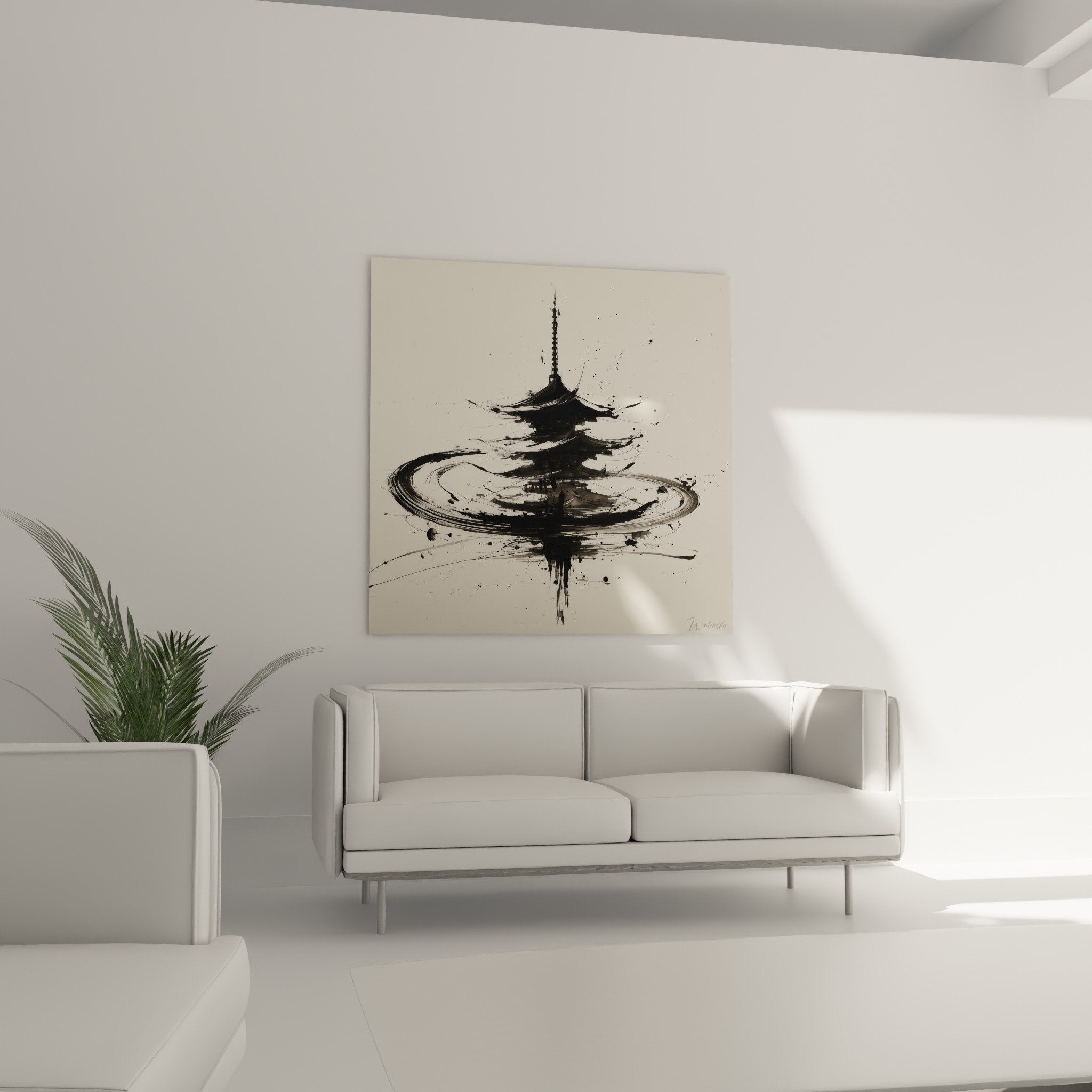 Detail pagode encre de chine eclaboussures noires sur parchemin beige art calligraphie zen