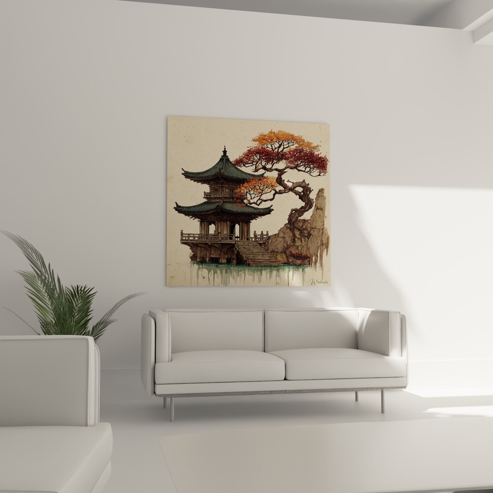 pagoda painting detail traditional architecture red maple autumn foliage oriental zen art