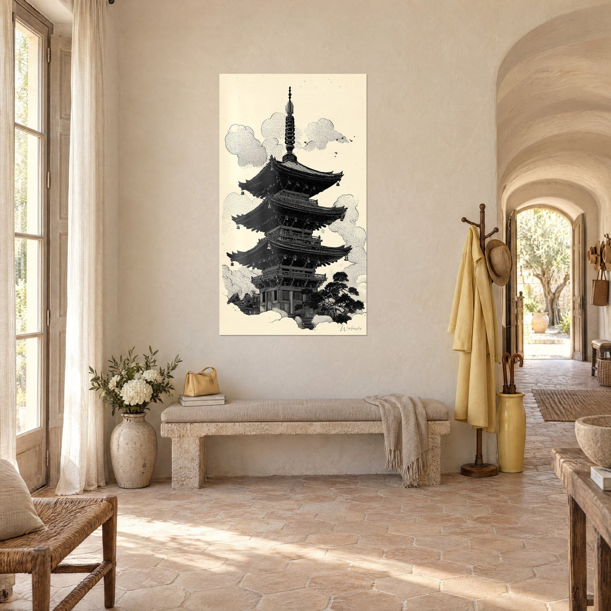 Tableau tour japonaise en gravure d'encre noire sur papier crème, nuages pointillés, mas provençal aux dalles d'argile ocre