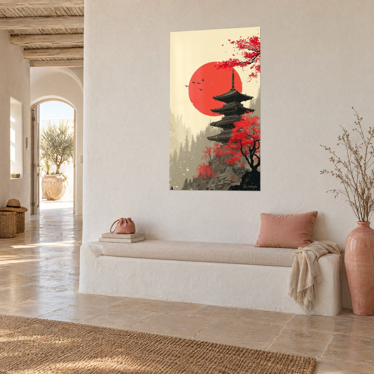 Tableau temple japonais perché sur son rocher, soleil vermillon sur fond crème, banquette blanche et coussin rose, vue de trois-quarts