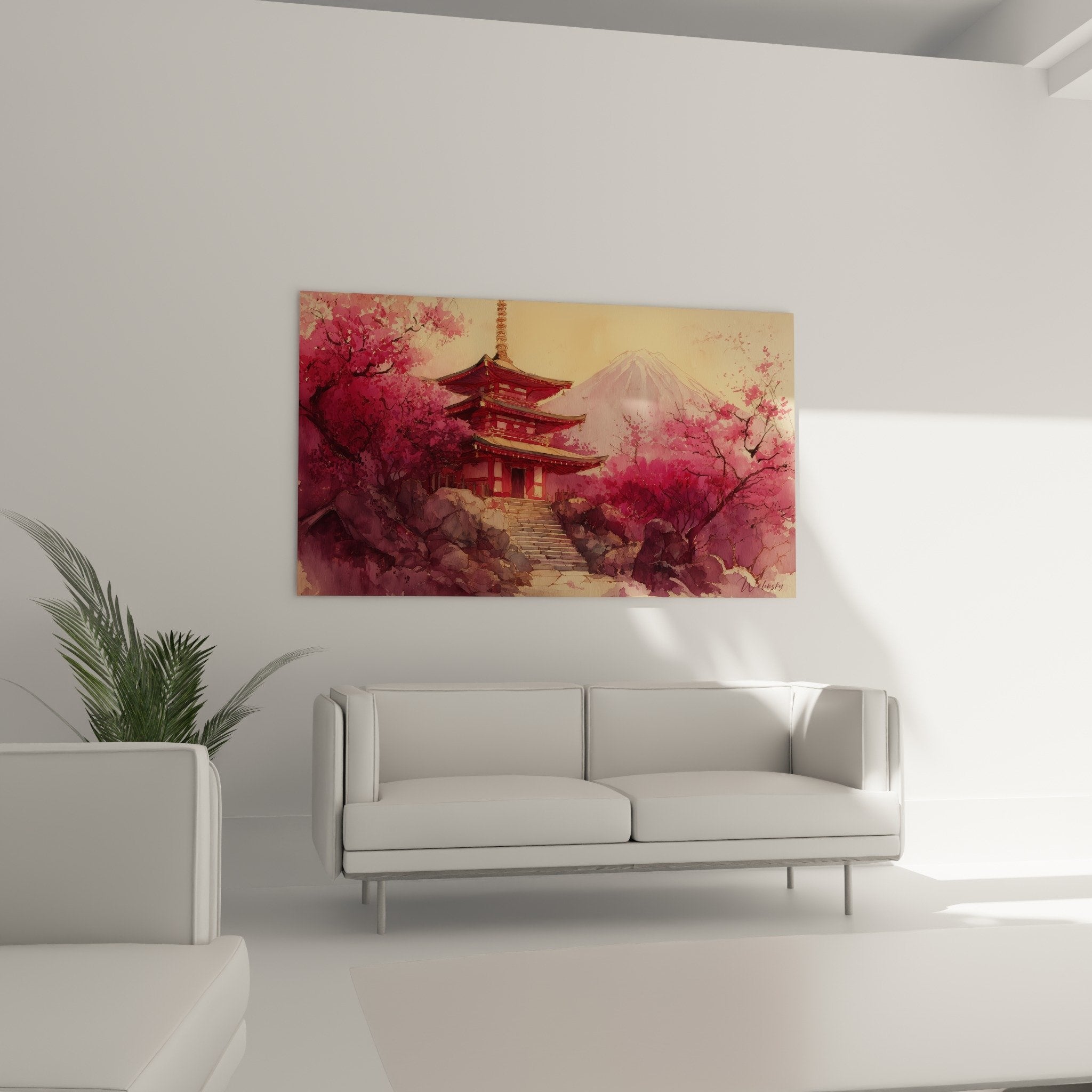 Japanese pagoda detail cherry blossoms pink flowers stone stairs traditional temple nippon art
