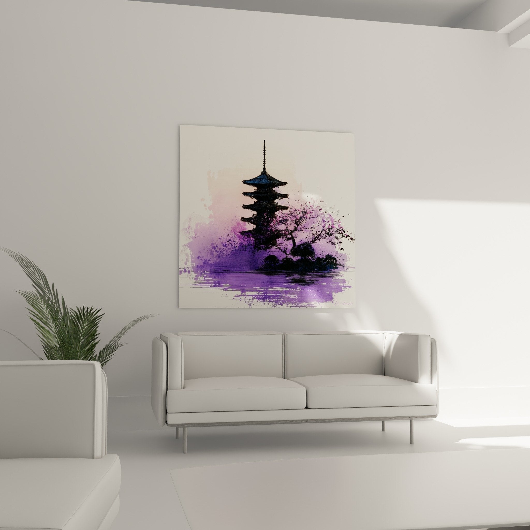 Détail pagode japonaise teintes violettes et roses style artistique moderne