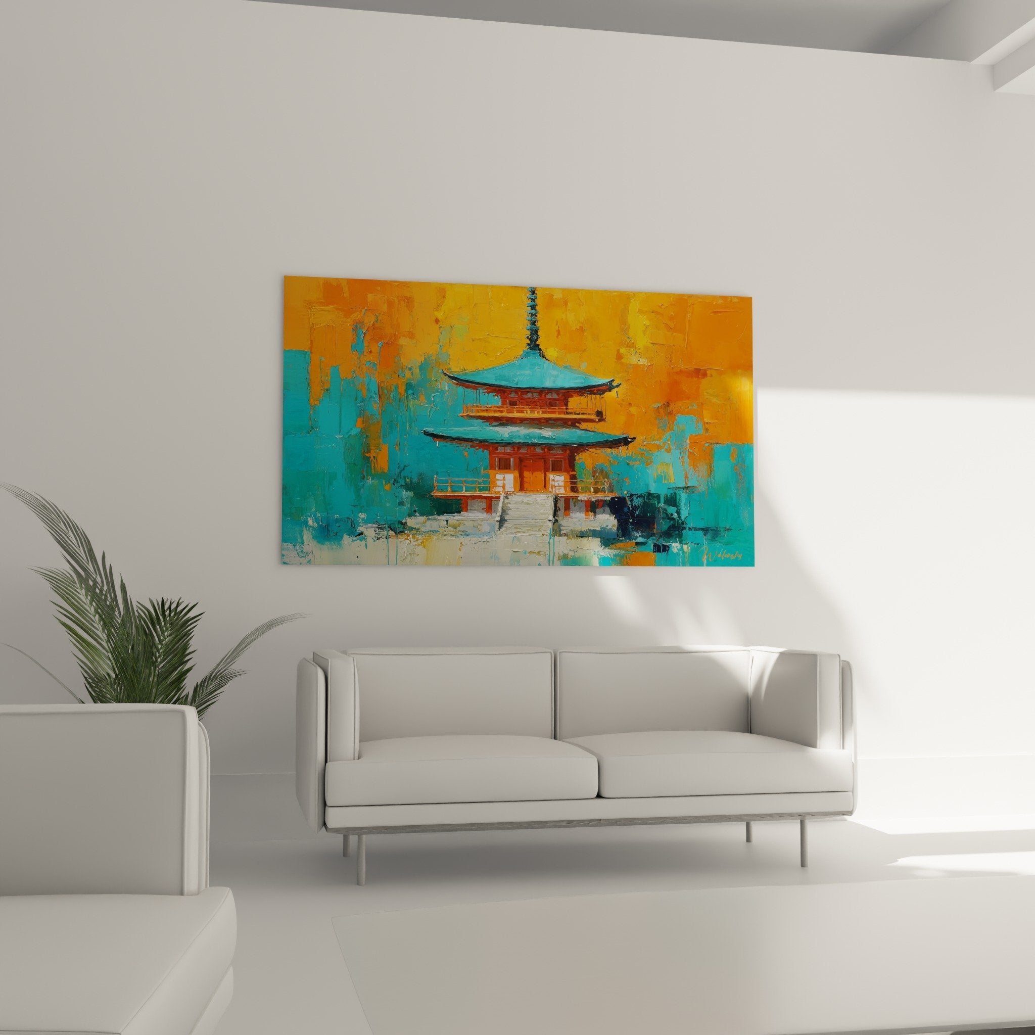 Detail pagode peinture abstraite empâtements orange turquoise textures rugueuses art contemporain