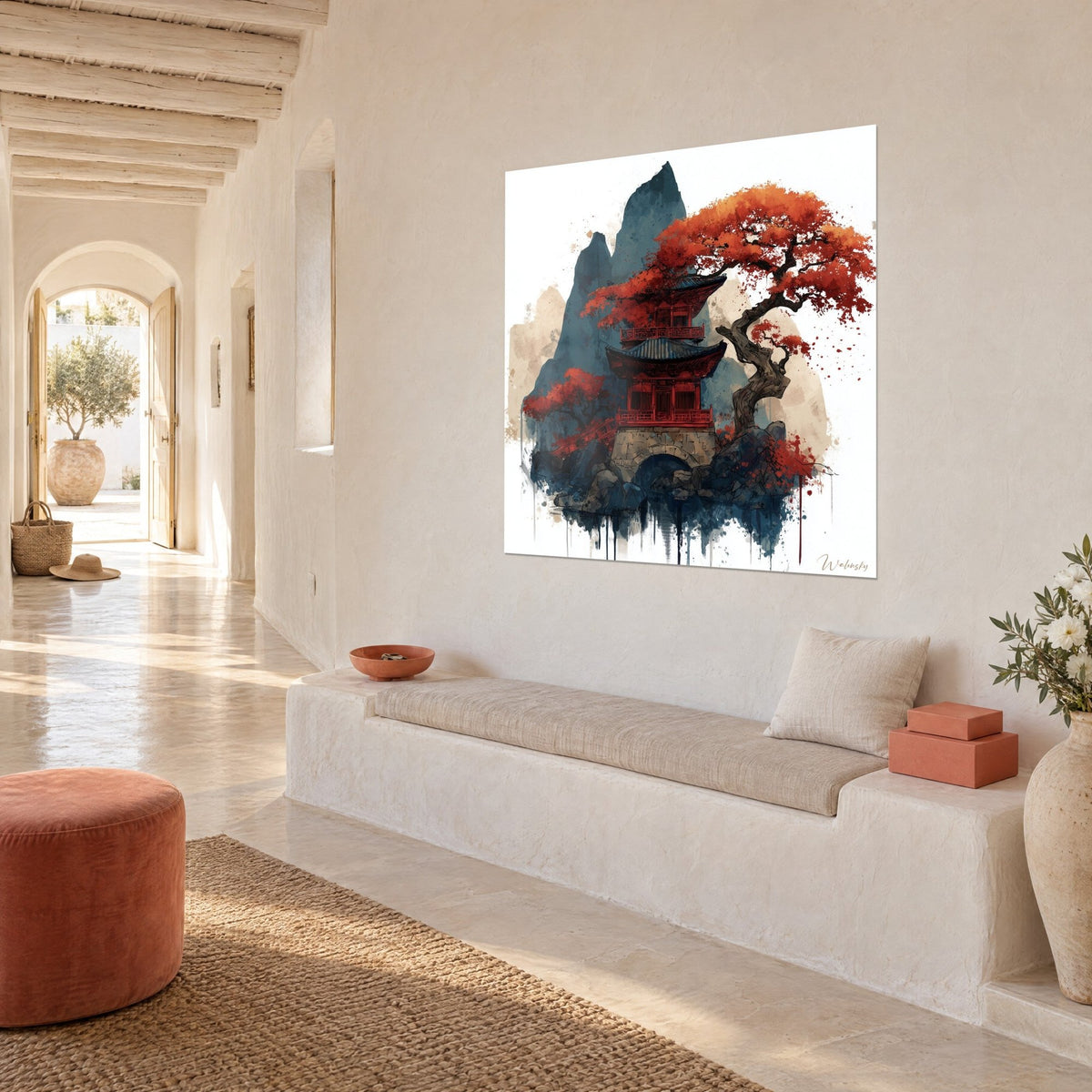 Tableau temple pourpre sur arche de pierre, feuillage orangé et pics bleu pétrole, mur blanc d'une maison méditerranéenne