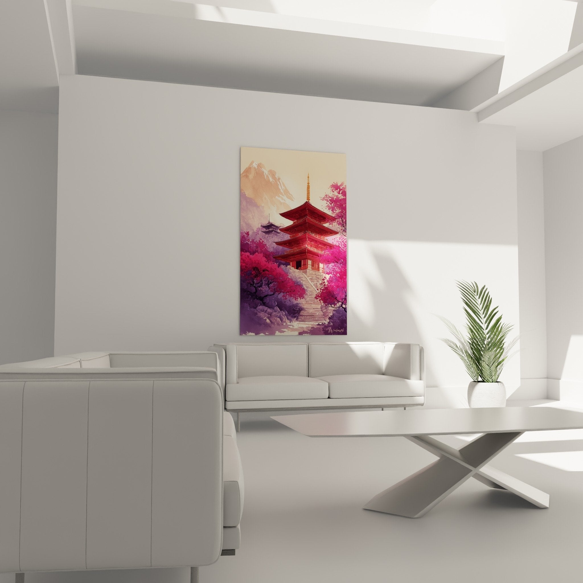Red pagoda detail traditional roofs cherry blossoms pink purple flowers textured zen painting