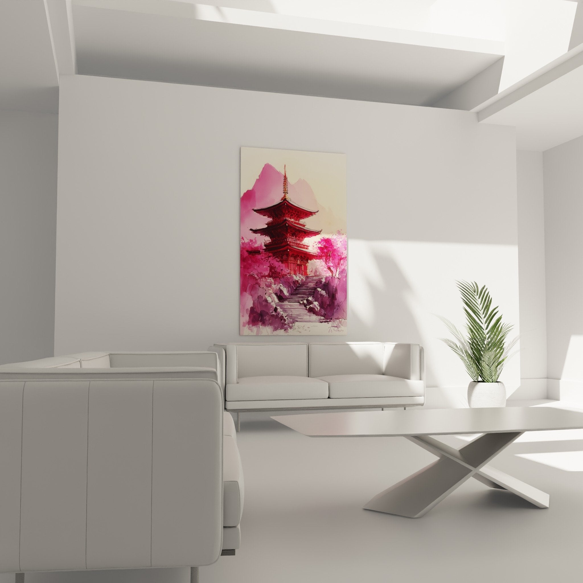 Détail pagode rouge écarlate aux toitures dorées dans paysage aquarellé aux tons roses et pourpres