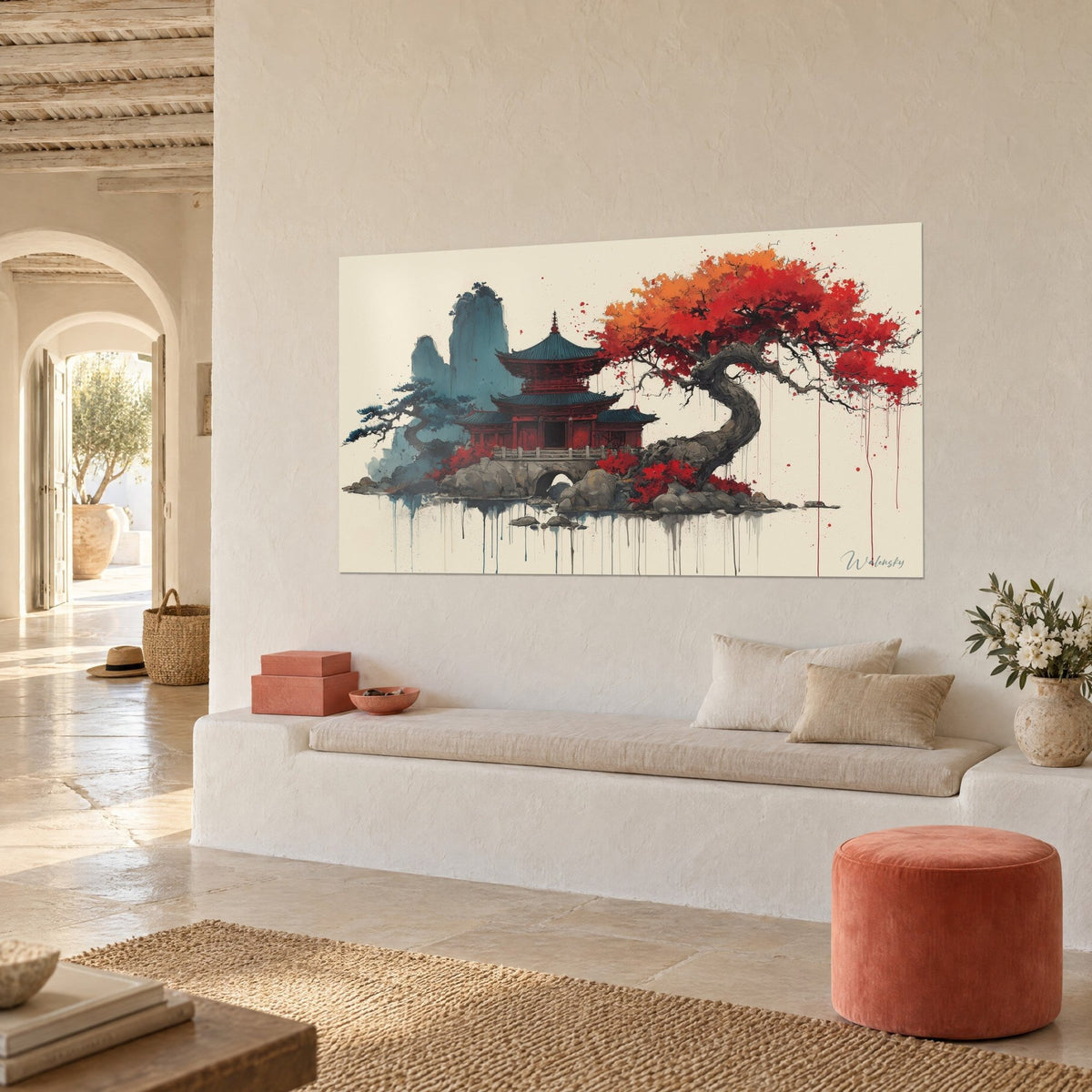 Tableau temple japonais aux toits bleu-vert et cerisier orange en fleurs, sur un mur blanc près d'une banquette en pierre