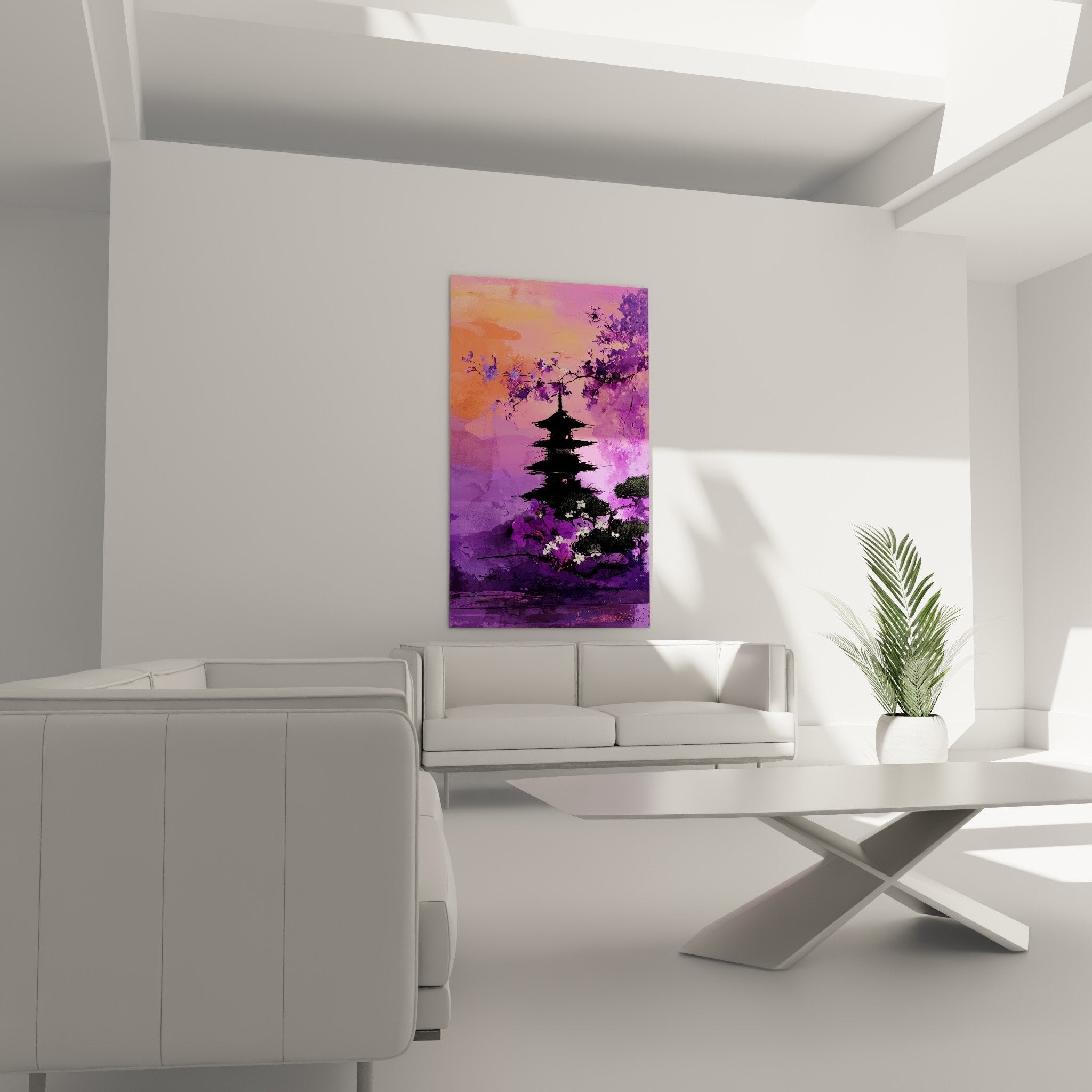 Black pagoda silhouette detail pink orange sky purple flowers watercolor effect modern artistic texture