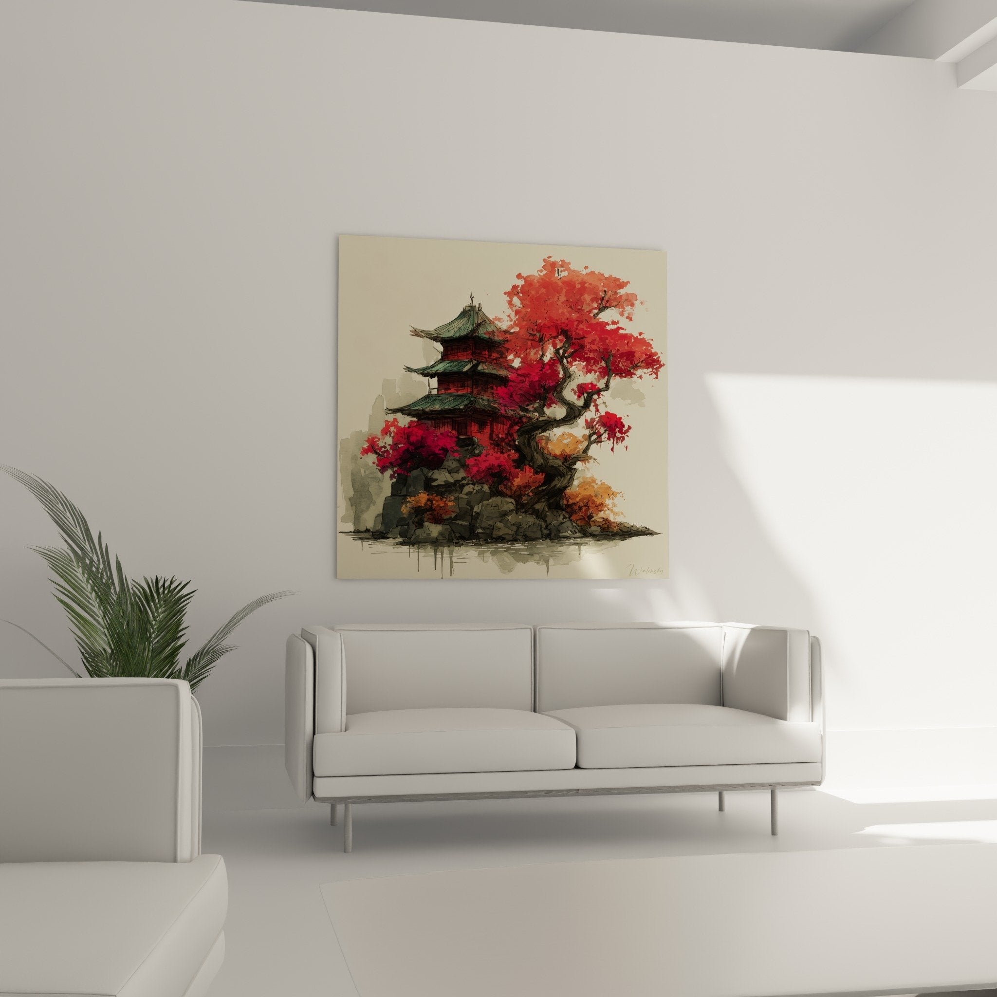 Watercolor detail pagoda Japanese temple red foliage cherry blossom traditional architecture
