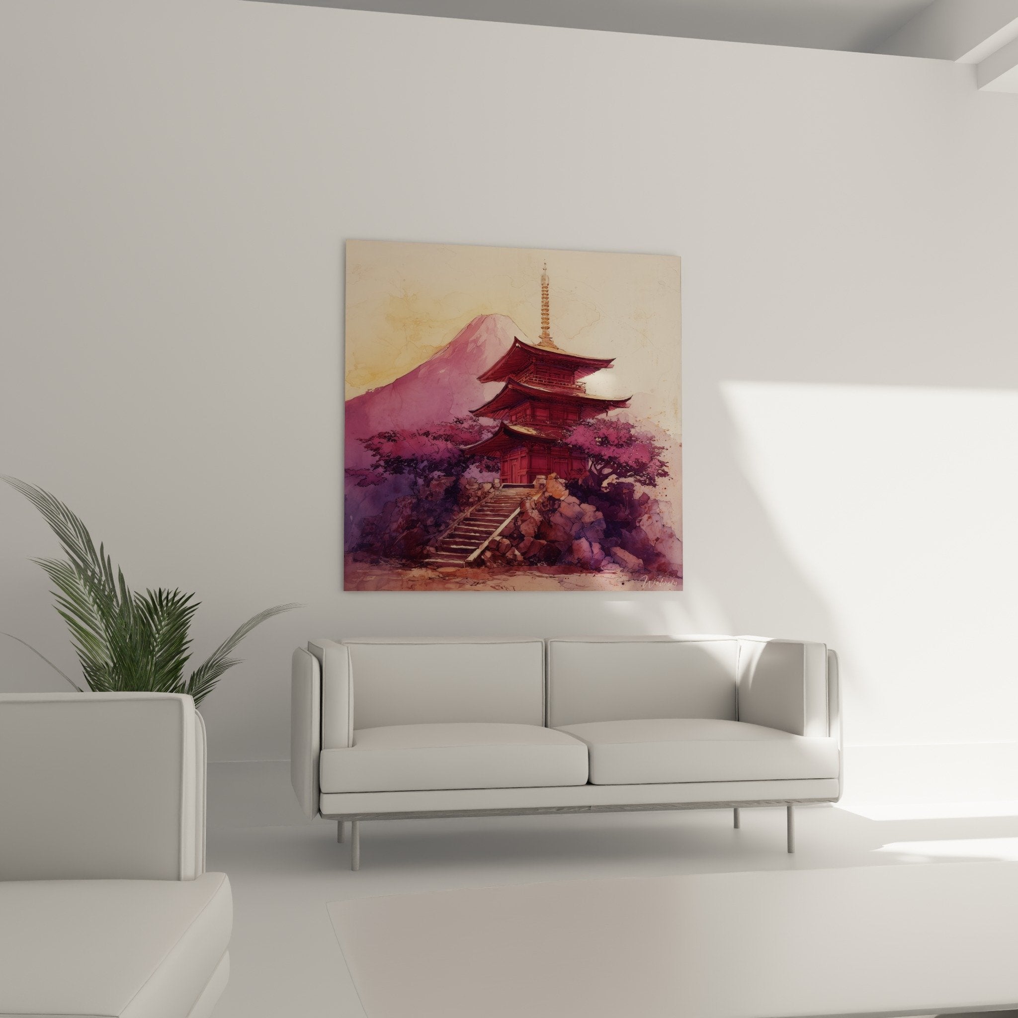 Japanese pagoda detail purple roofs traditional architecture watercolor painting pink violet shades