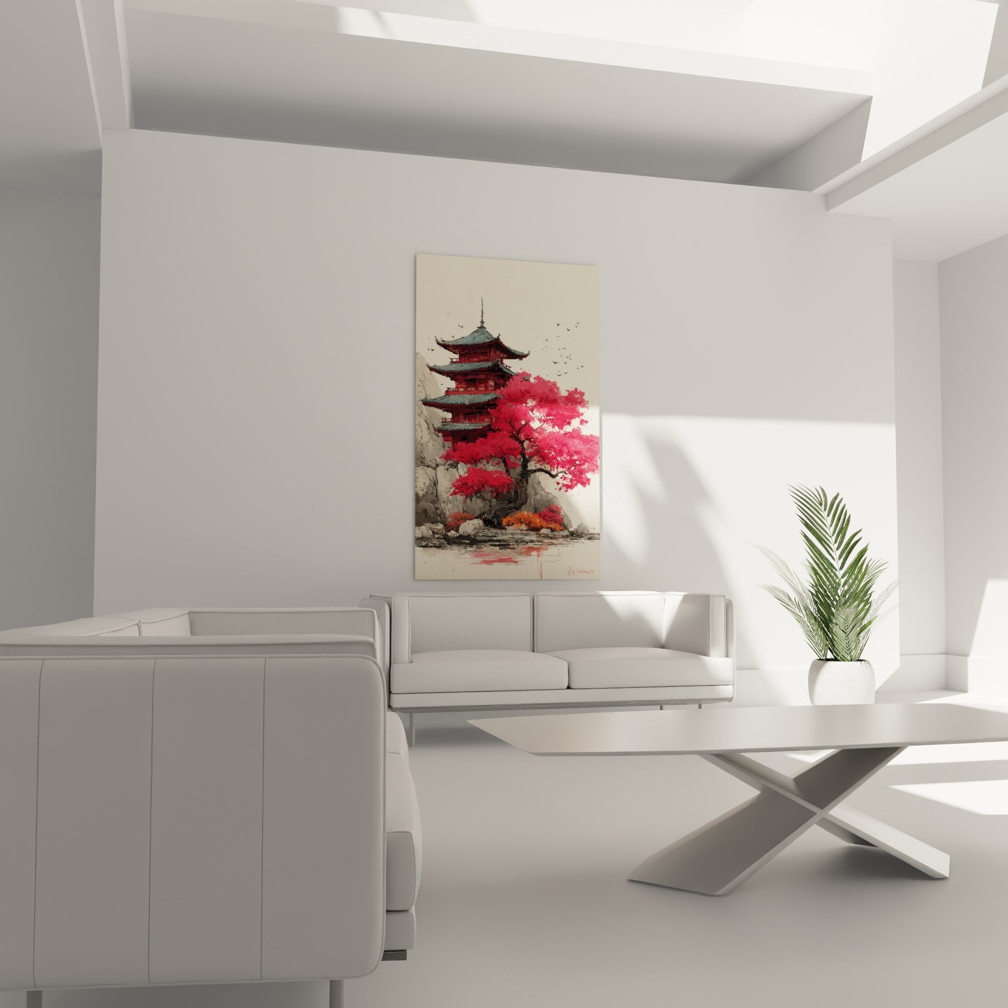 Detail pagode rouge vermillon toits verts erables feuillage pourpre composition automnale zen