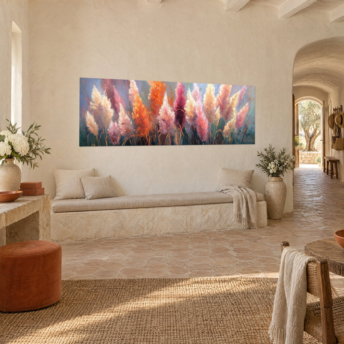 Panoramic wall art of golden and fuchsia pampas grasses, fine copper stems, stone bench of a Provençal farmhouse
