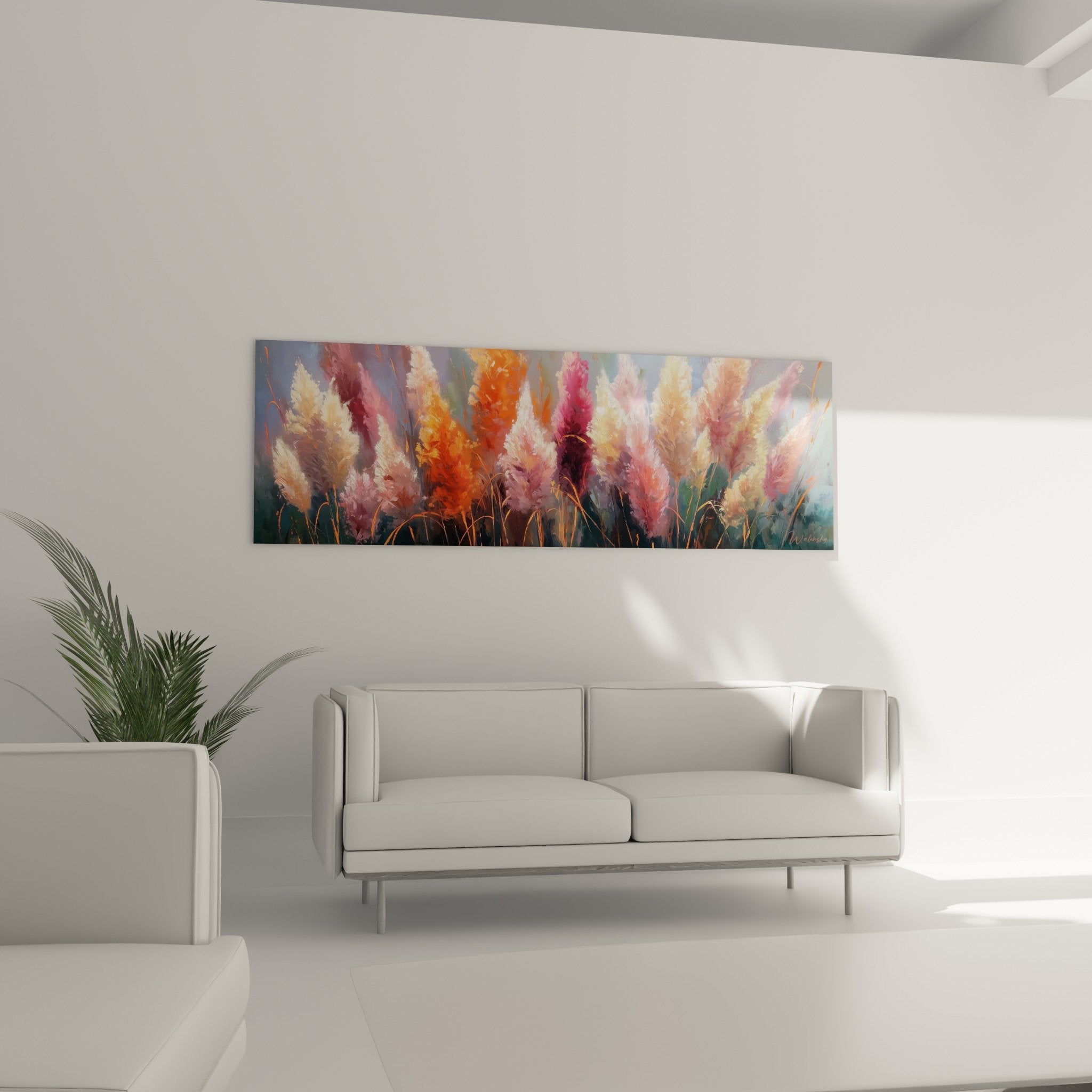 Close-up colored pampas orange pink gold feather grass texture panoramic wall art detail