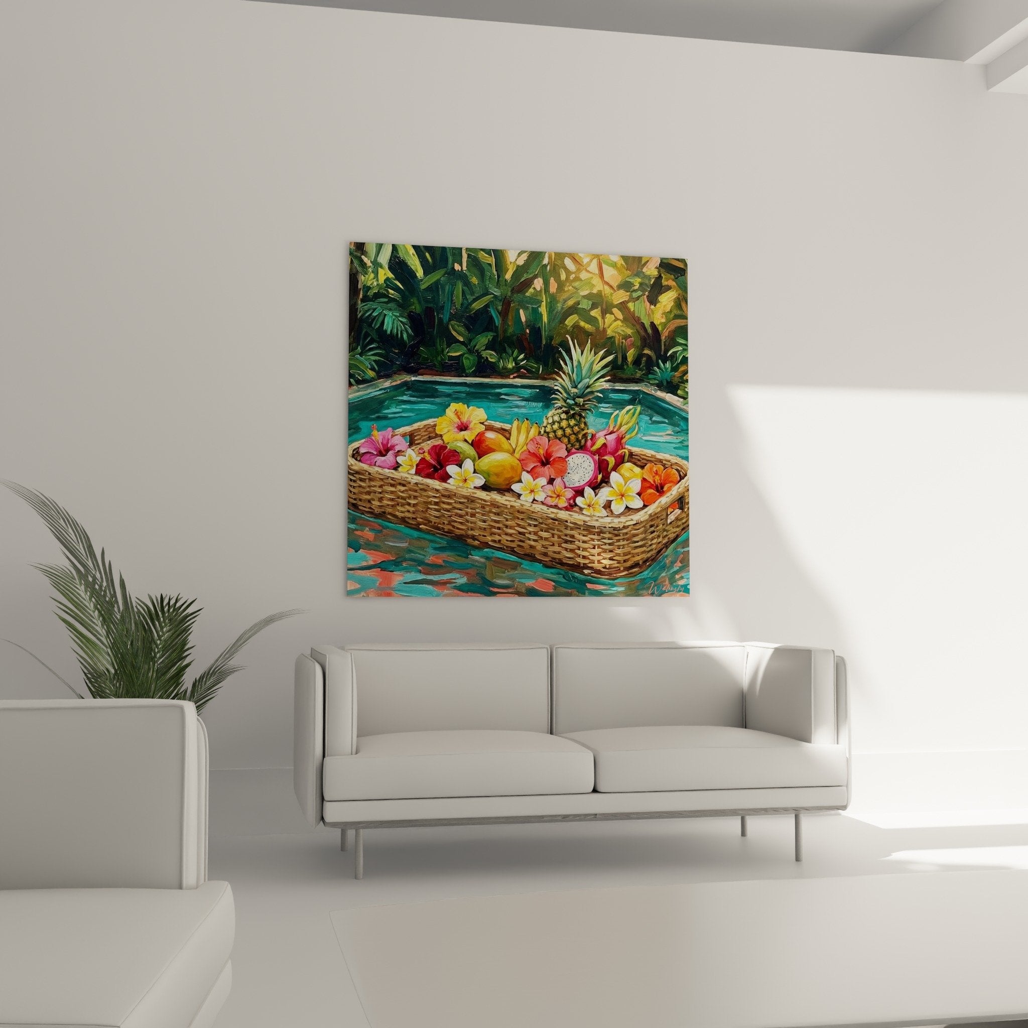 Detail tableau panier tresse ananas hibiscus frangipanier fruits dragon style tropical peinture Bali