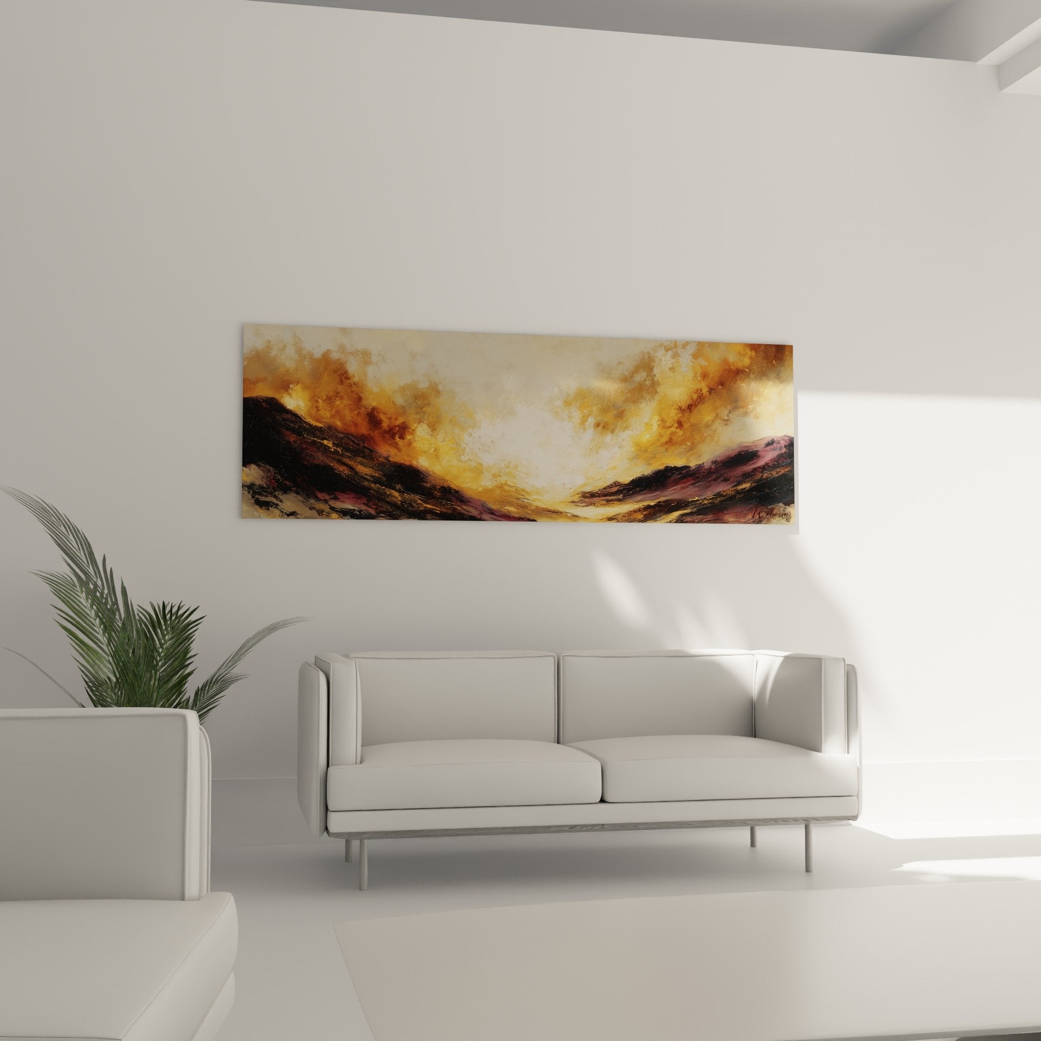 Mountain landscape painting detail earthen ochre bronze tones copper clouds feng shui