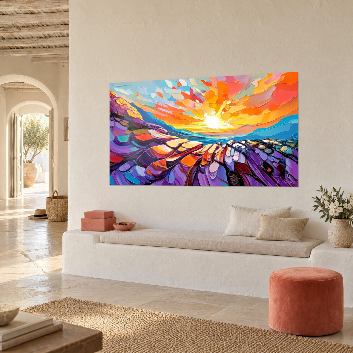 Tableau astre solaire éclatant, ciel jaune et rose en coups de couteau, falaises lilas, vu de trois-quarts dans une niche blanche
