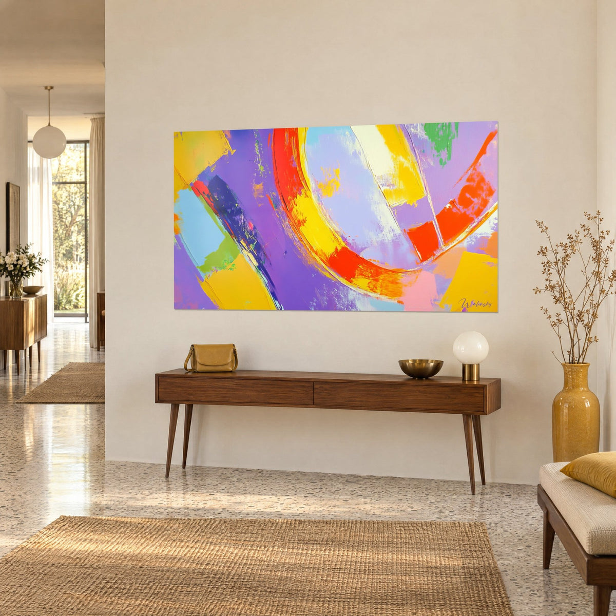 Wall art explosion of colors in flat sunshine yellow and sky blue blocks, large vivid red arc, three-quarter view of a wooden console