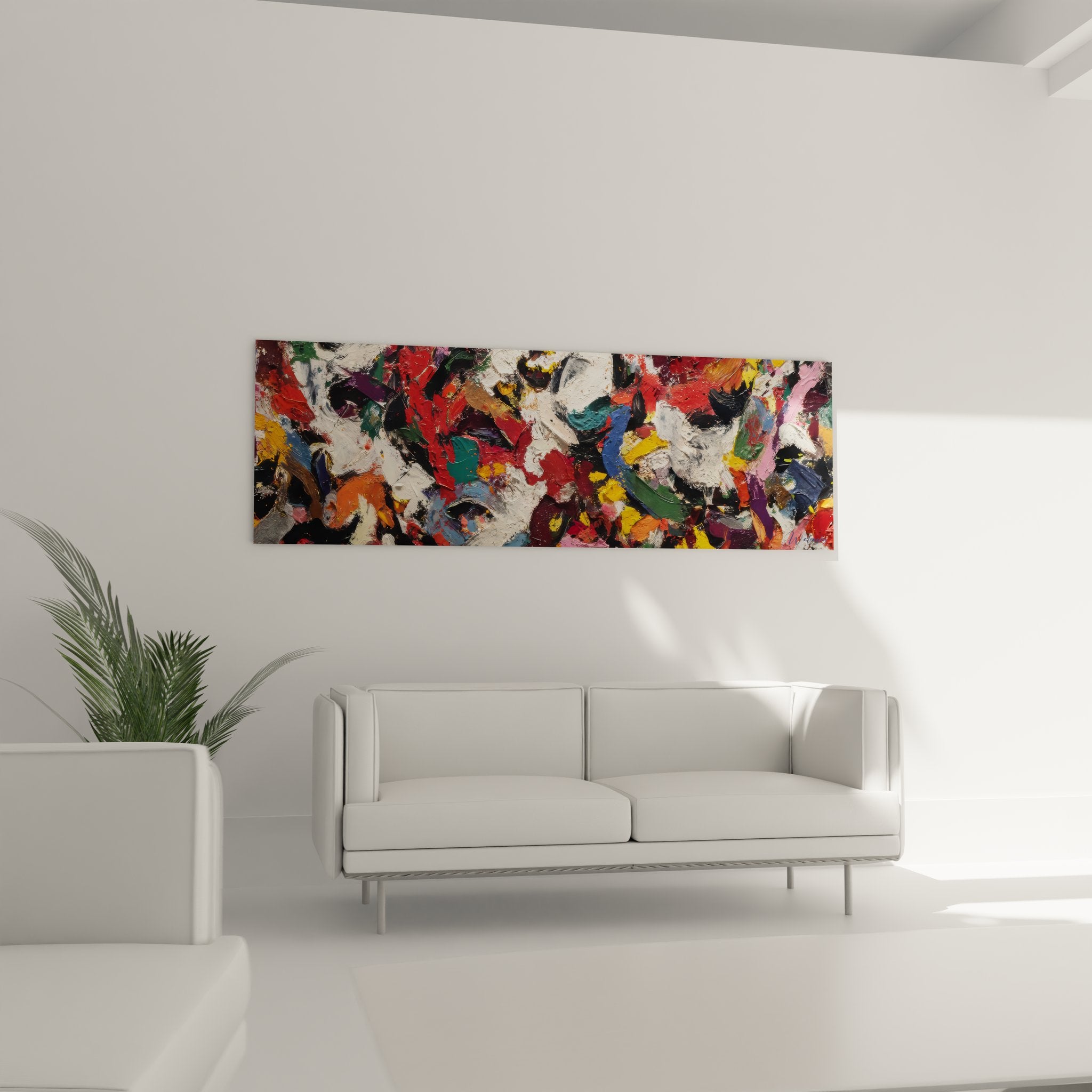Gros plan détail peinture abstraite montrant coups de pinceau expressifs et couleurs vives
