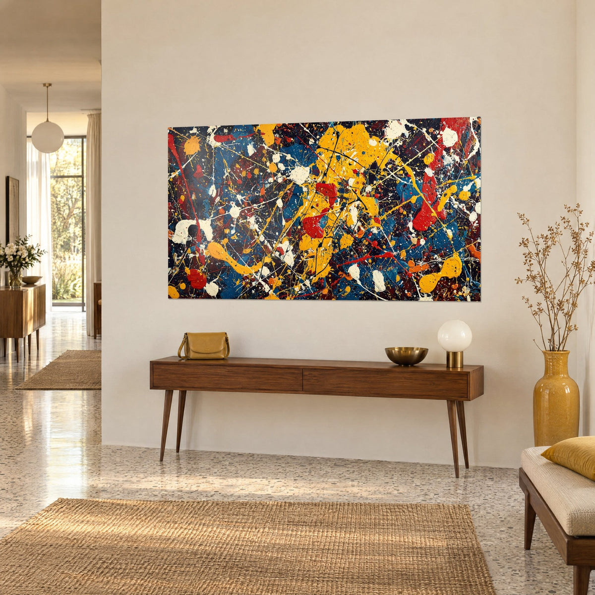 Tableau peinture abstraite tourbillonnante, taches rouges et filets noirs sur fond marine, sur un mur crème au-dessus d'une console
