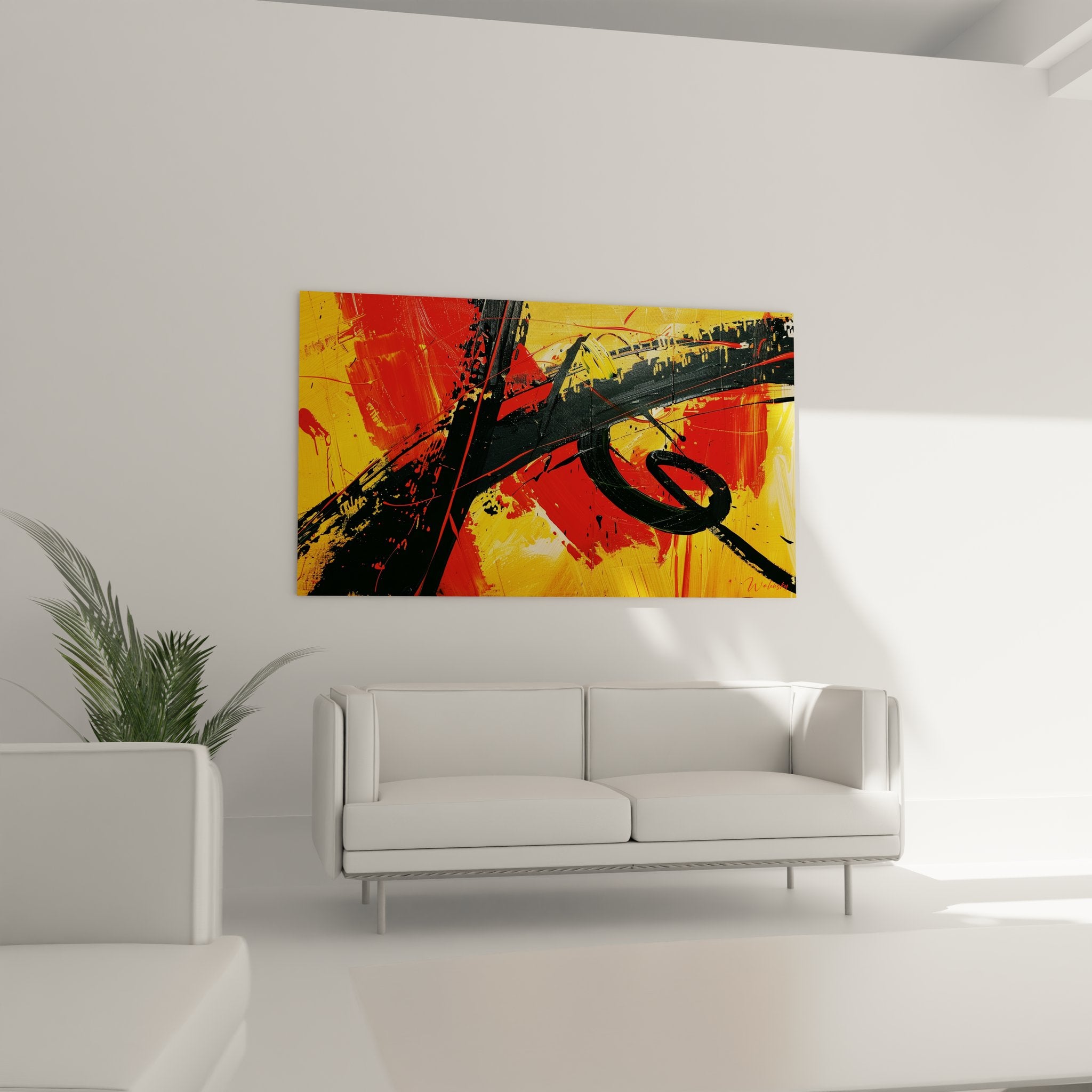 Détail gros plan tableau abstrait expressionniste, brushstrokes peinture moderne jaune rouge noir