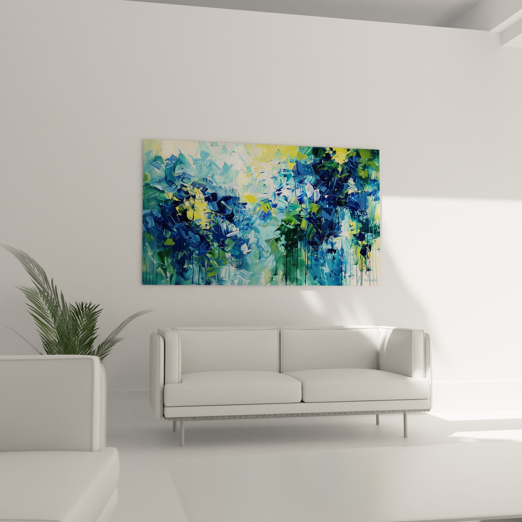 Détail gros plan peinture abstraite expressionniste montrant texture empâtée et nuances bleues