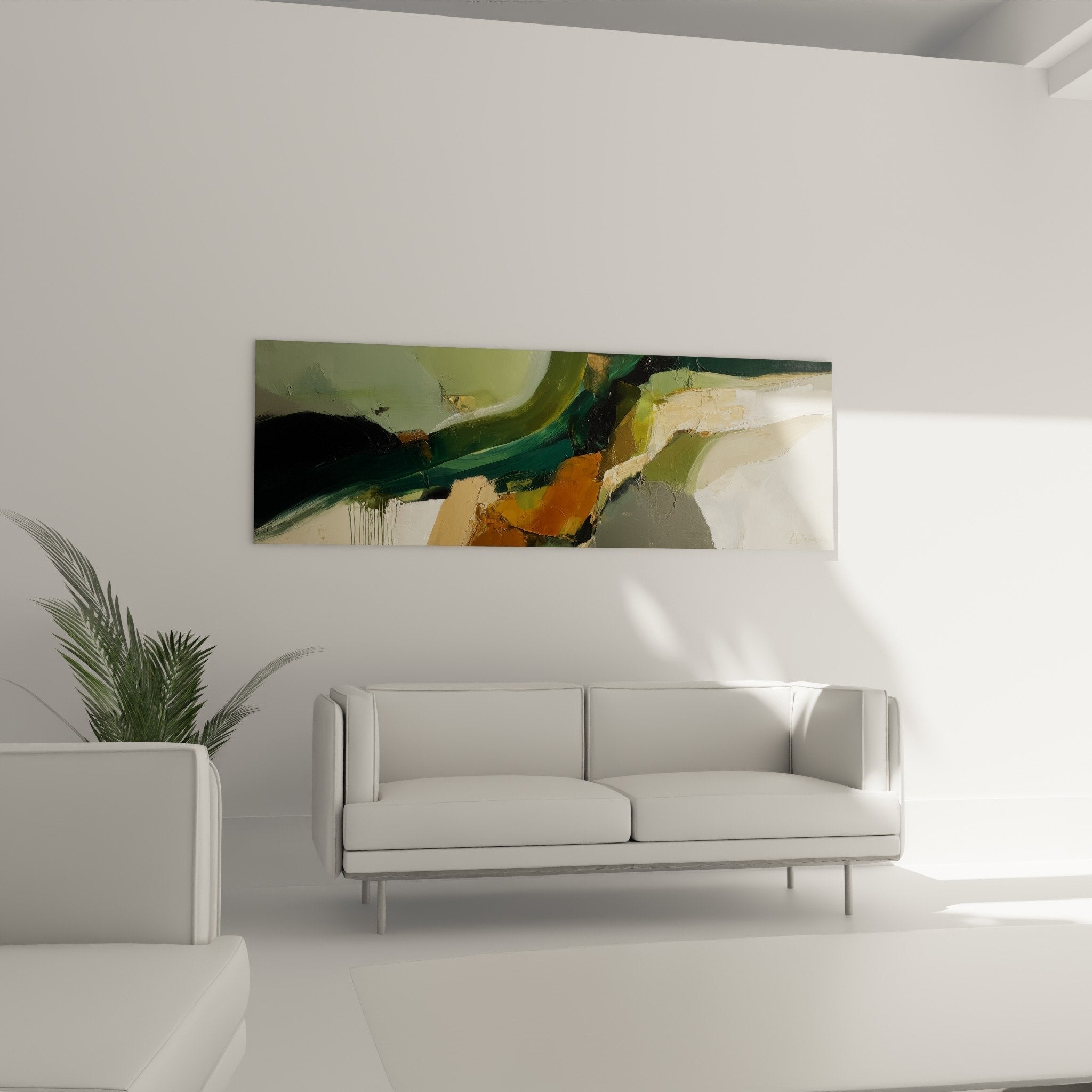 Abstract painting detail organic textures deep green warm orange natural tones feng shui