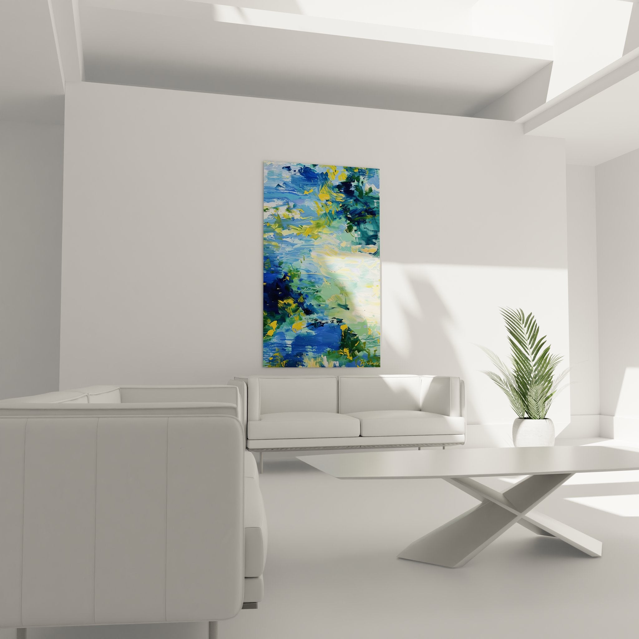 Gros plan peinture abstraite bleue expressionniste texture empâtement océan