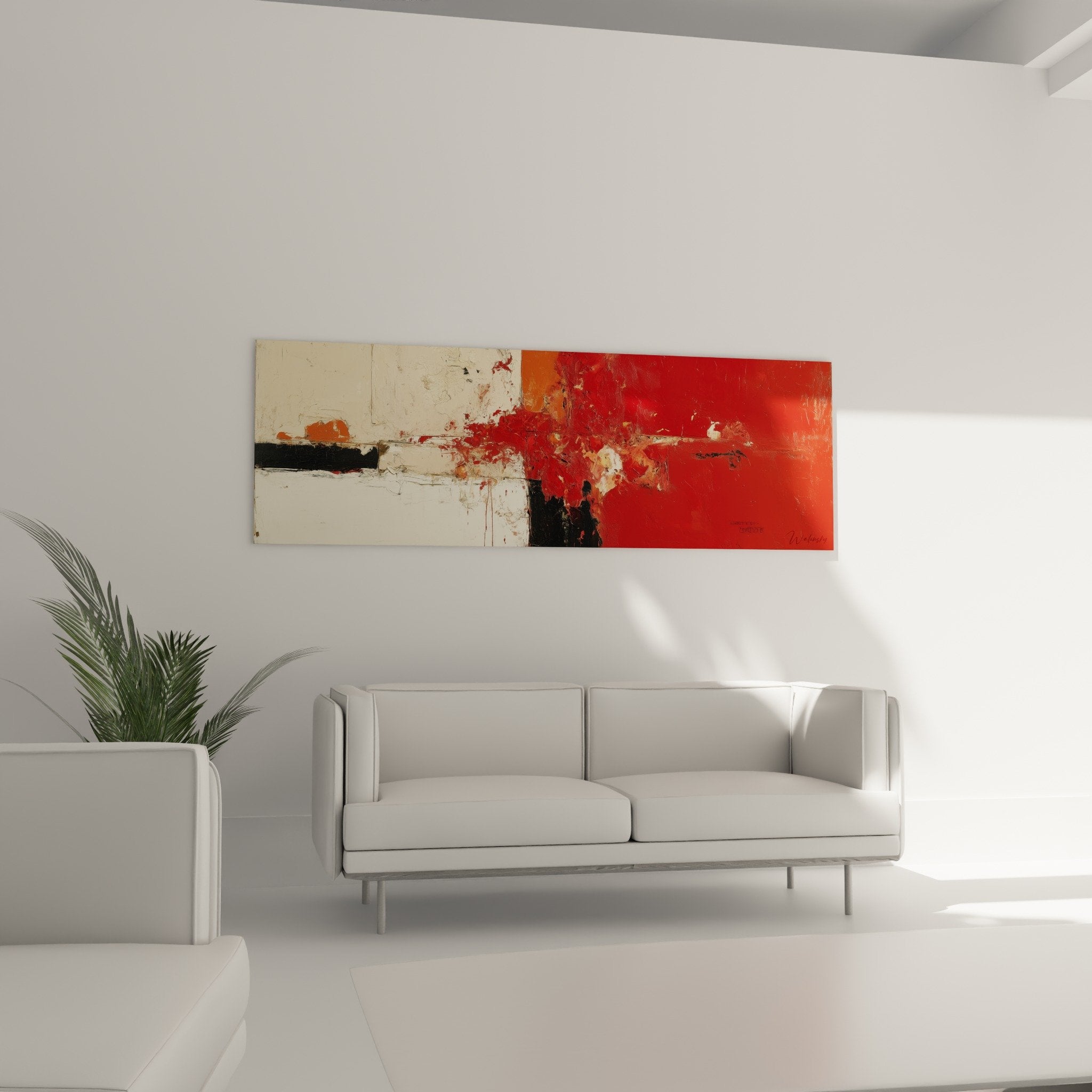 Detail peinture abstraite rouge vermillon beige texture moderne feng shui