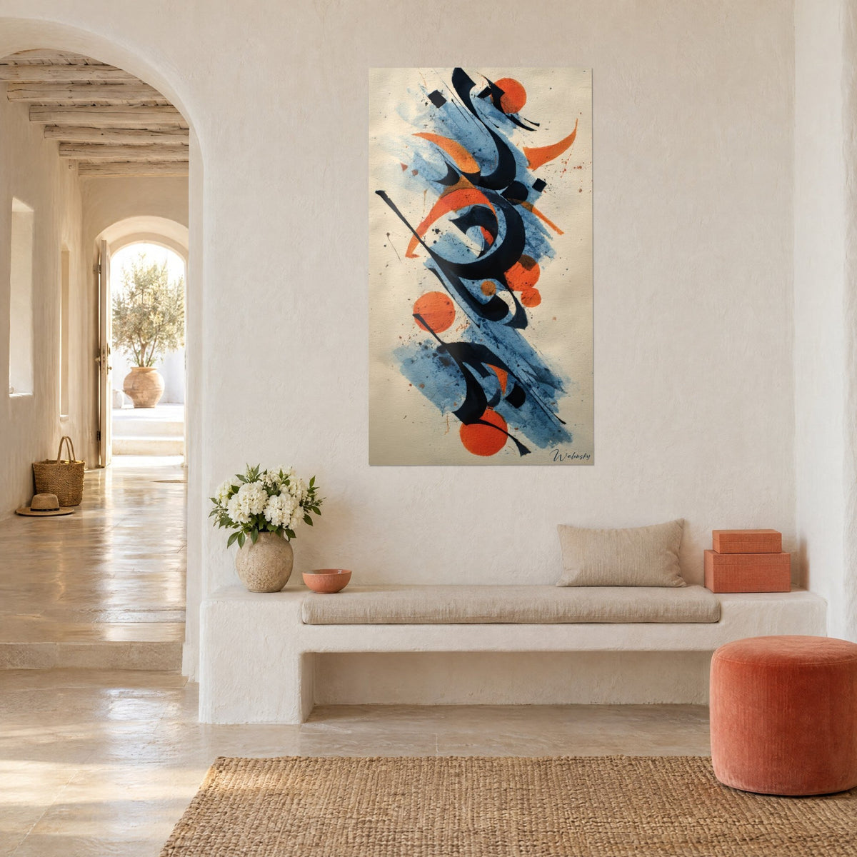 Wall art indigo ink arabesques on sky-blue wash, bright orange discs, cream background, white bench, Mediterranean house