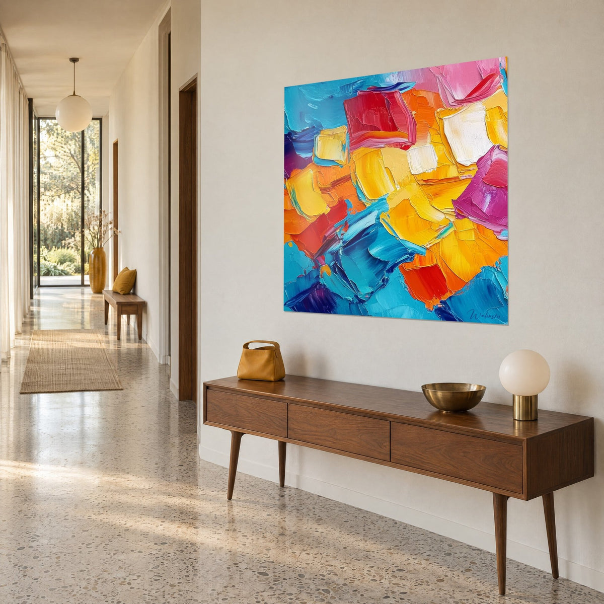 Tableau coups de couteau en relief, carrés orange, rose fuchsia et bleu cyan, en vue de trois-quarts dans un couloir lumineux